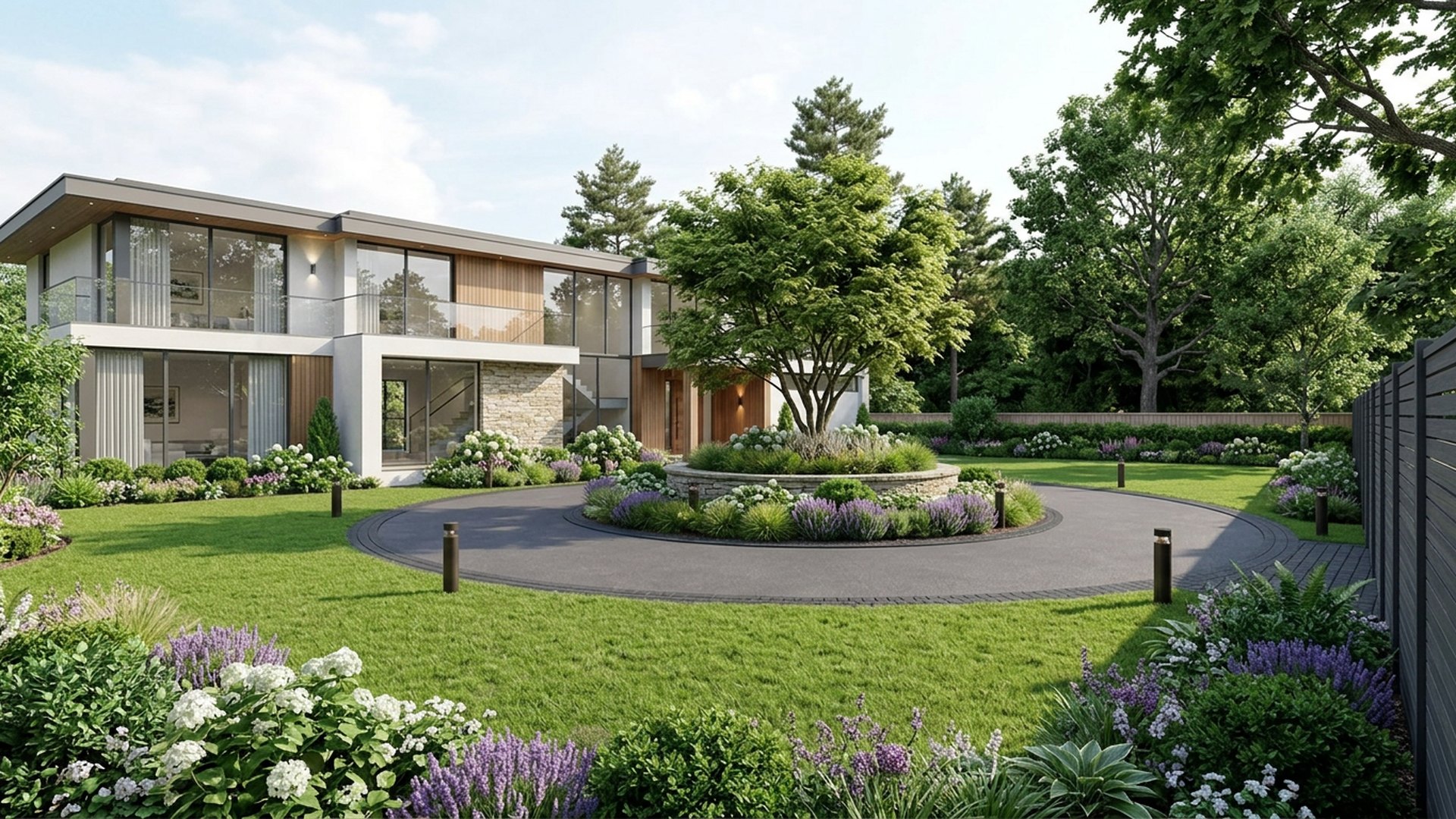 Circular Drive with Opulence and Grandeur front yard landscaping concept Right Side Property View A sweeping Circular Driveway wrapped around. Images Created by www.TinyHome-Revolution.com