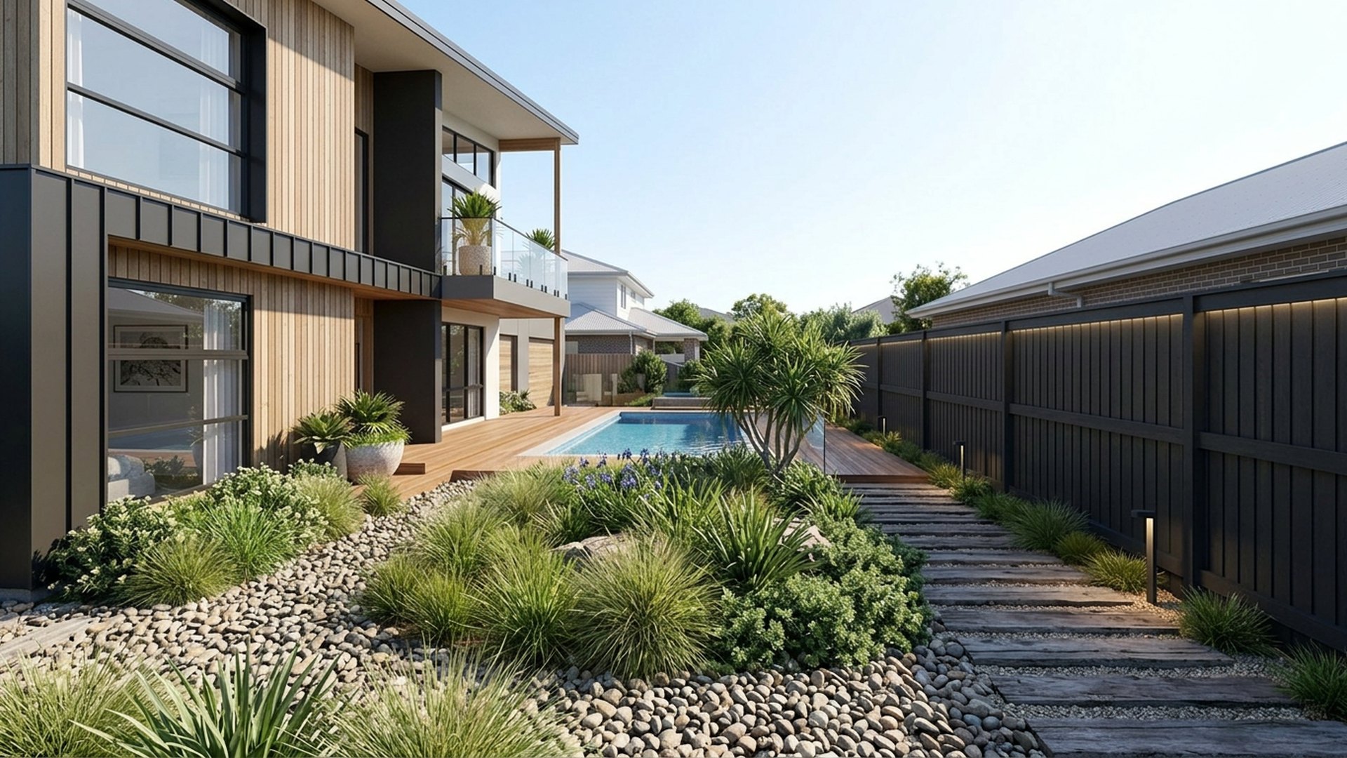 Coastal Native Verge and Beach House Design front yard landscaping concept Right Side Property View Wind tolerant natives, timber sleeper. Images Created by www.TinyHome-Revolution.com