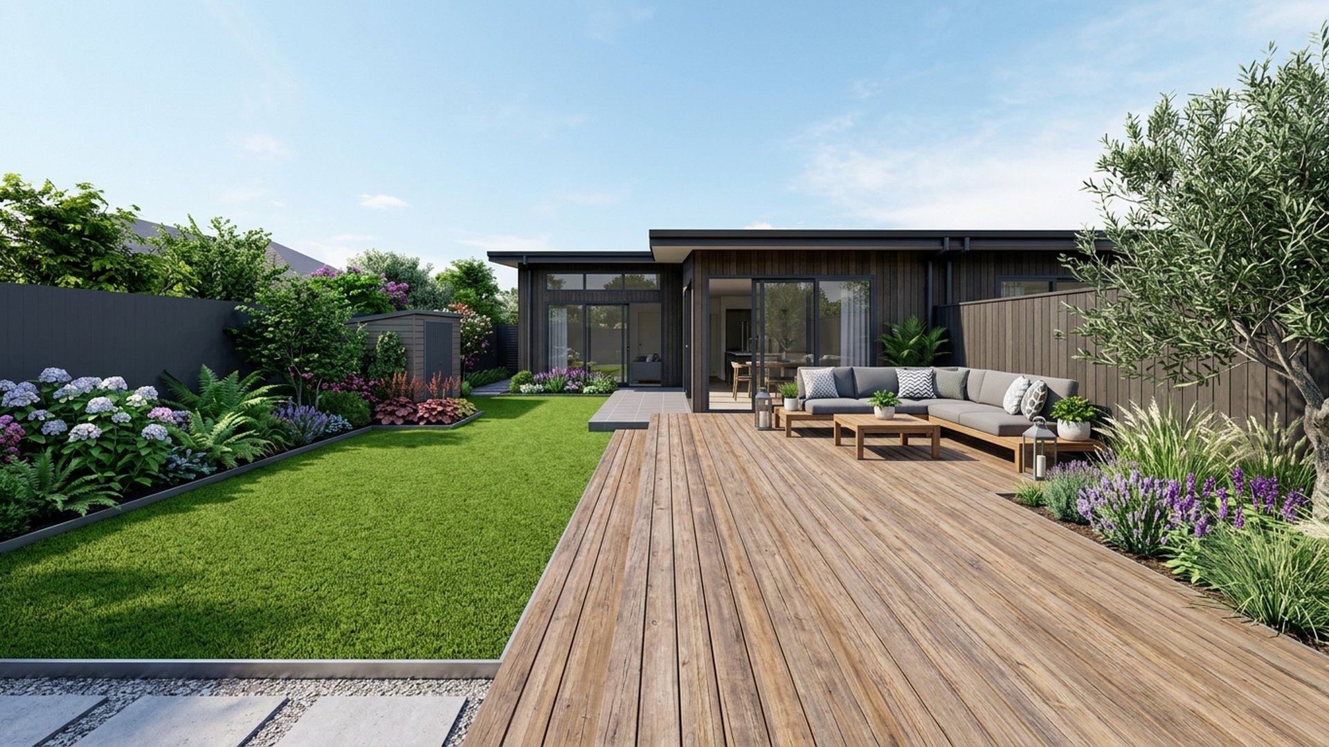 Deck and Lawn Split backyard landscaping concept Forward Looking Half timber deck for furniture, half lawn for play, joined by. Images Created by www.TinyHome-Revolution.com