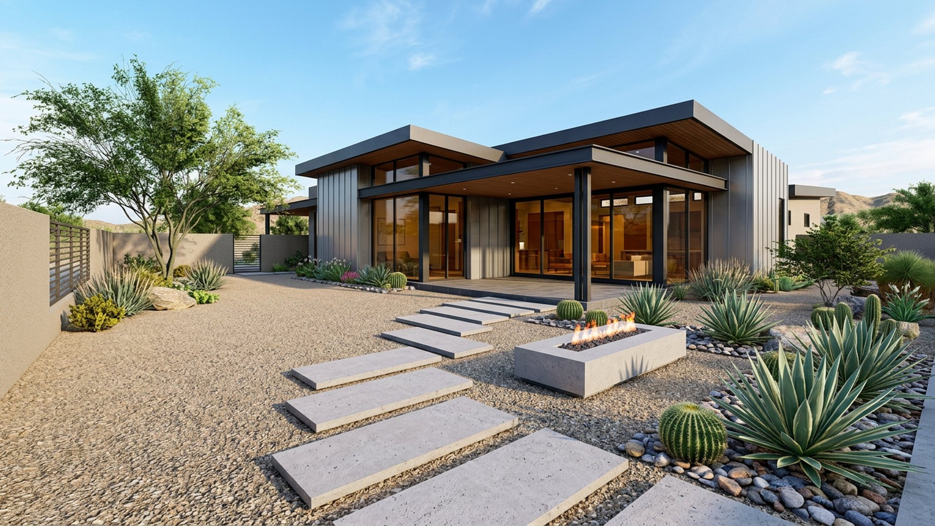 Desert Modern Yard backyard landscaping concept Forward Looking Decomposed granite, agaves, a linear fire table and floating concrete steps. Images Created by www.TinyHome-Revolution.com