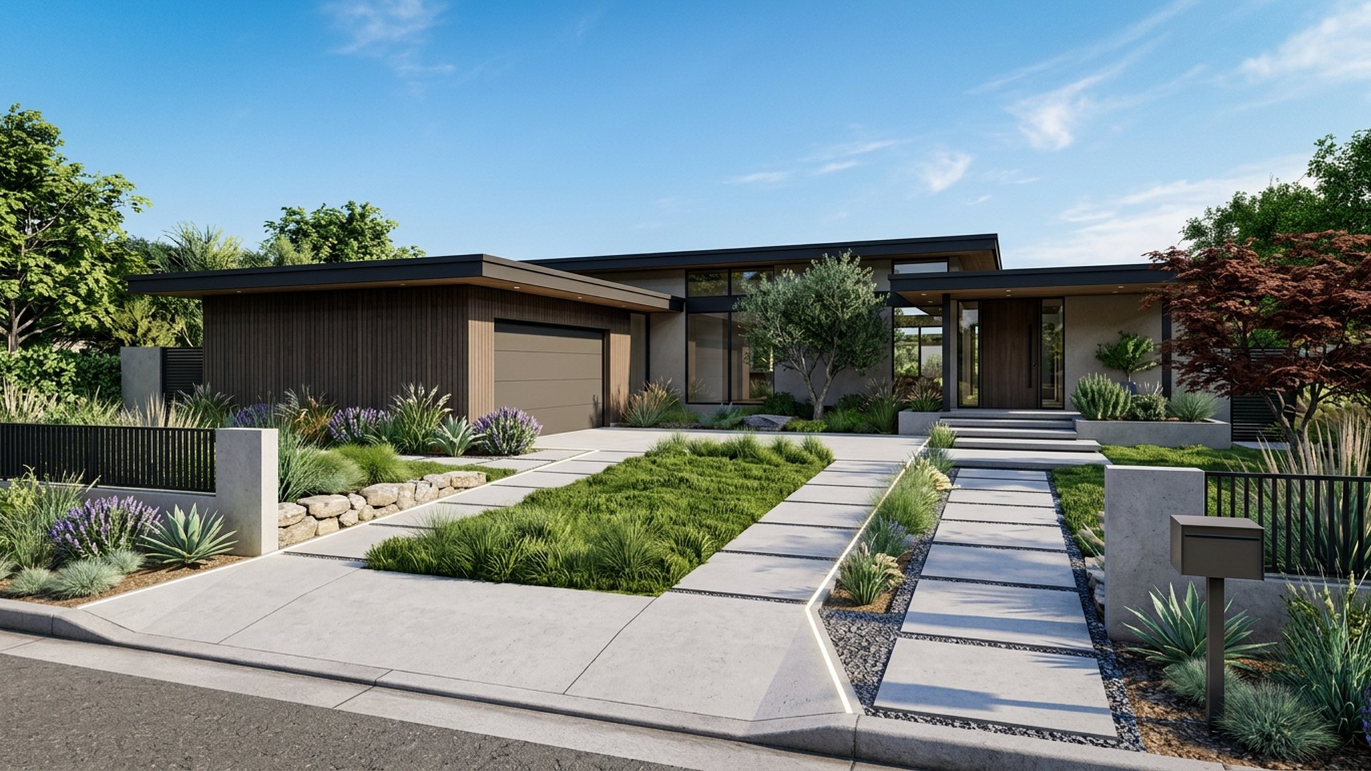 Driveway Reimagined front yard landscaping concept Forward Looking Concrete strips with a green centre, permeable joints and lit edges. Images Created by www.TinyHome-Revolution.com