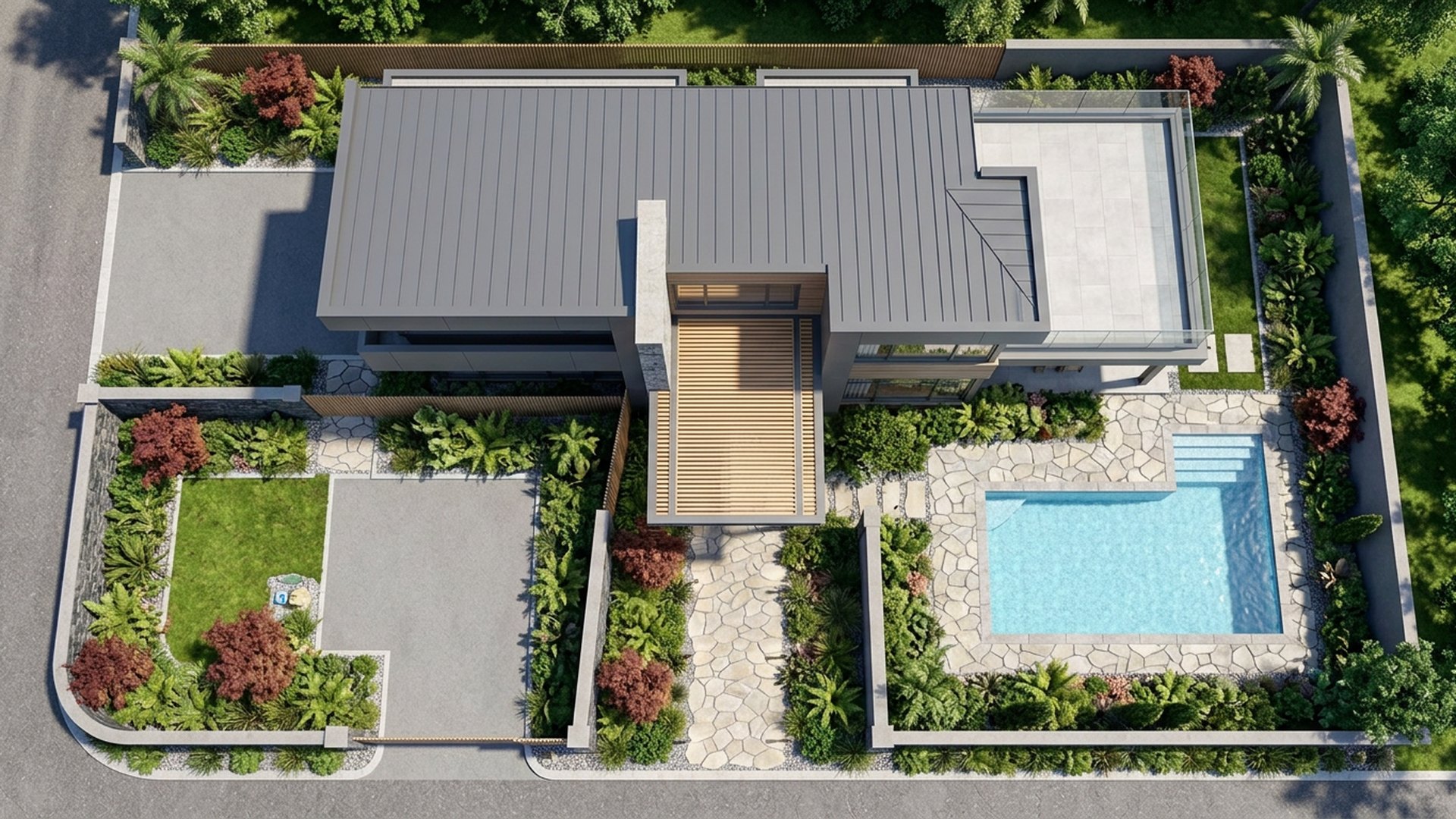 Evening Home Designs design concept visualisation photo modern home and garden landscaping. Images Created by www.TinyHome-Revolution.com