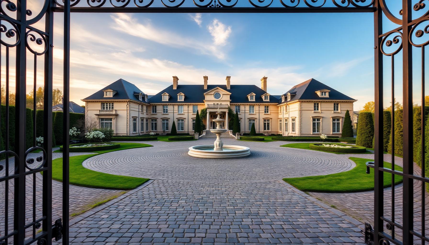 Grand Fountain Estate Entry front yard design Forward Looking A sweeping cobblestone circular driveway wrapped around a tiered stone fountain. Images Created by www.TinyHome-Revolution.com