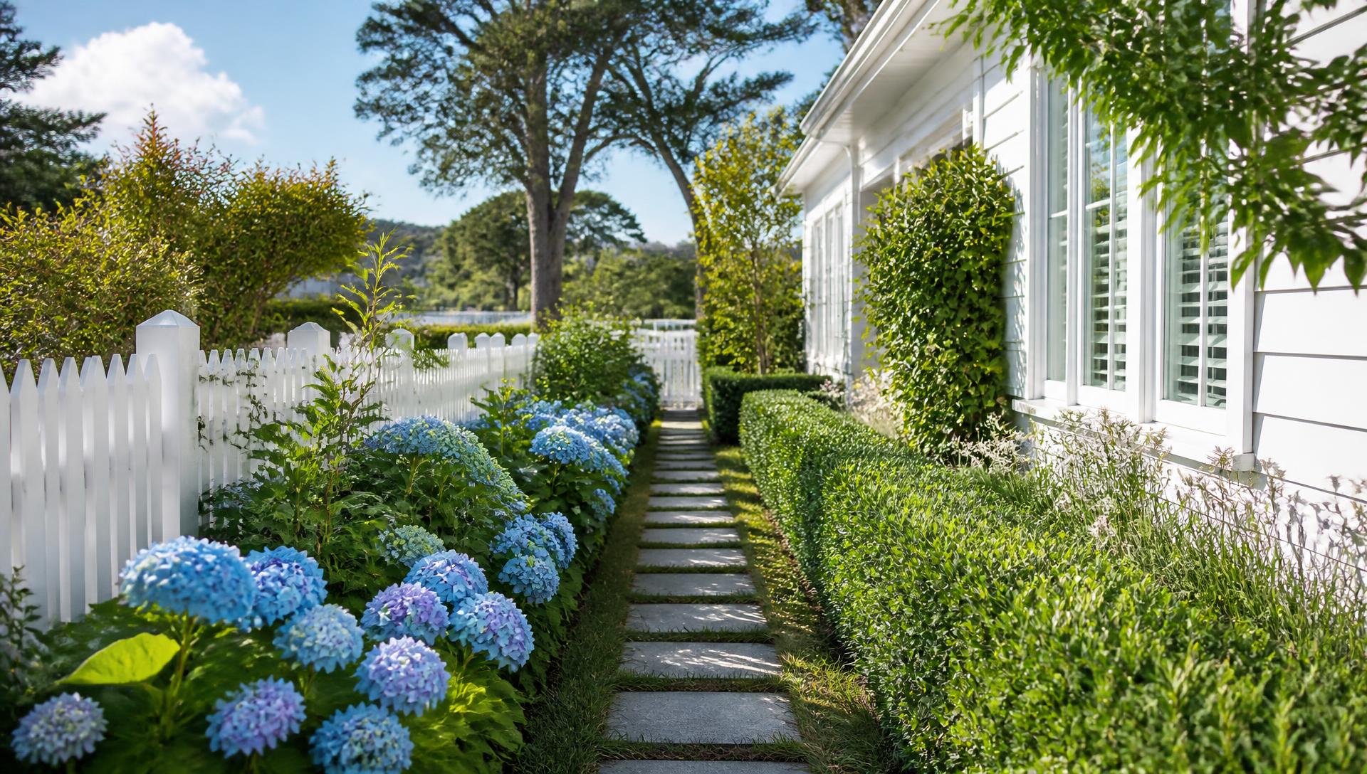 Hydrangea Coast Beach House front yard design Left Side Property View White weatherboard, a crushed shell driveway and drifts of. Images Created by www.TinyHome-Revolution.com