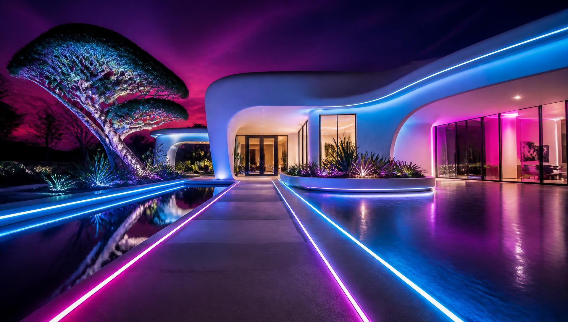 Futuristic neon front yard landscape design with electric blue LED lighting modern. Images Created by www.TinyHome-Revolution.com