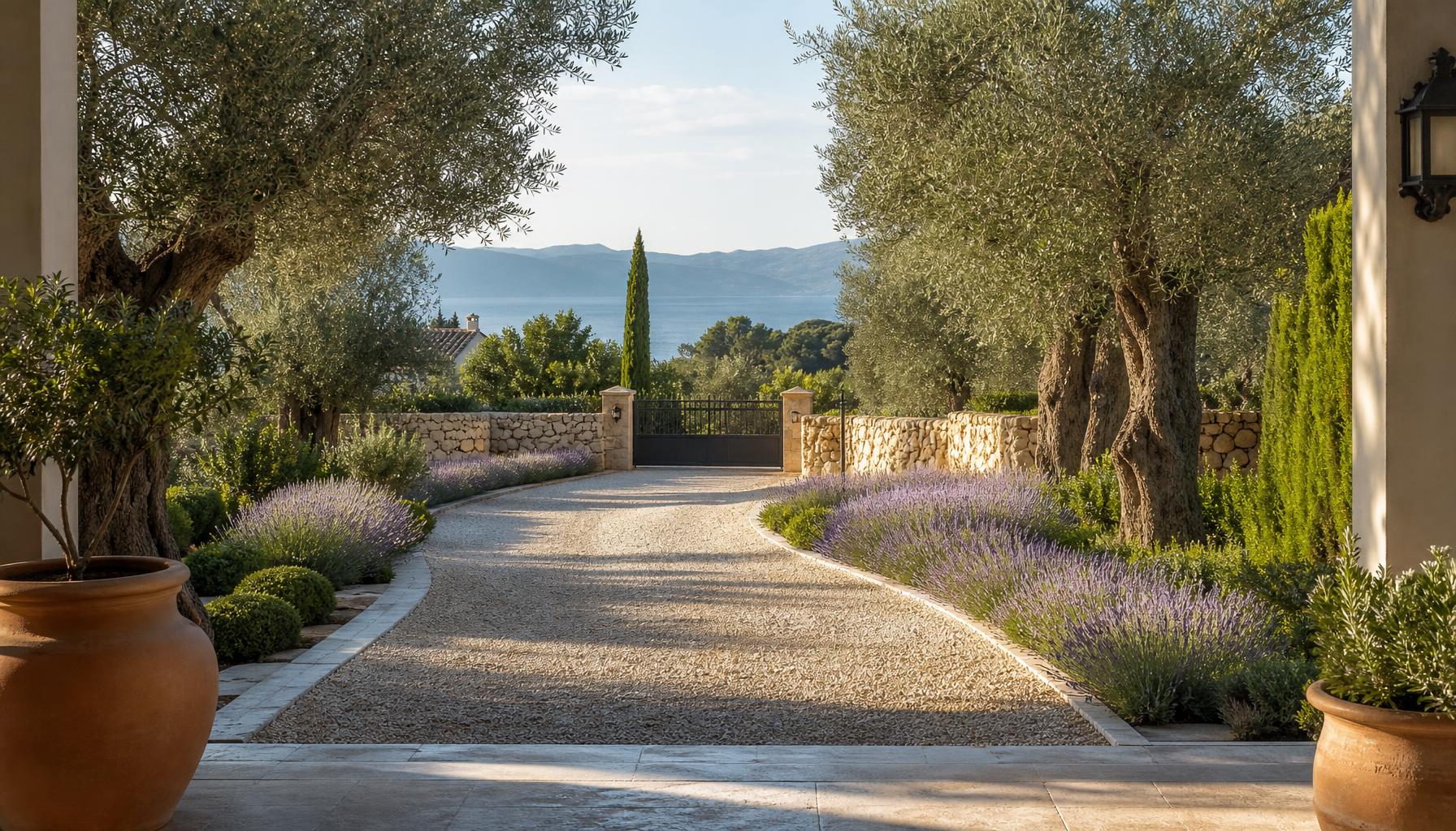 Mediterranean Olive Grove Villa front yard design Rear Backyard Look A sun-warmed stone villa with terracotta roof, sweeping gravel driveway. Images Created by www.TinyHome-Revolution.com