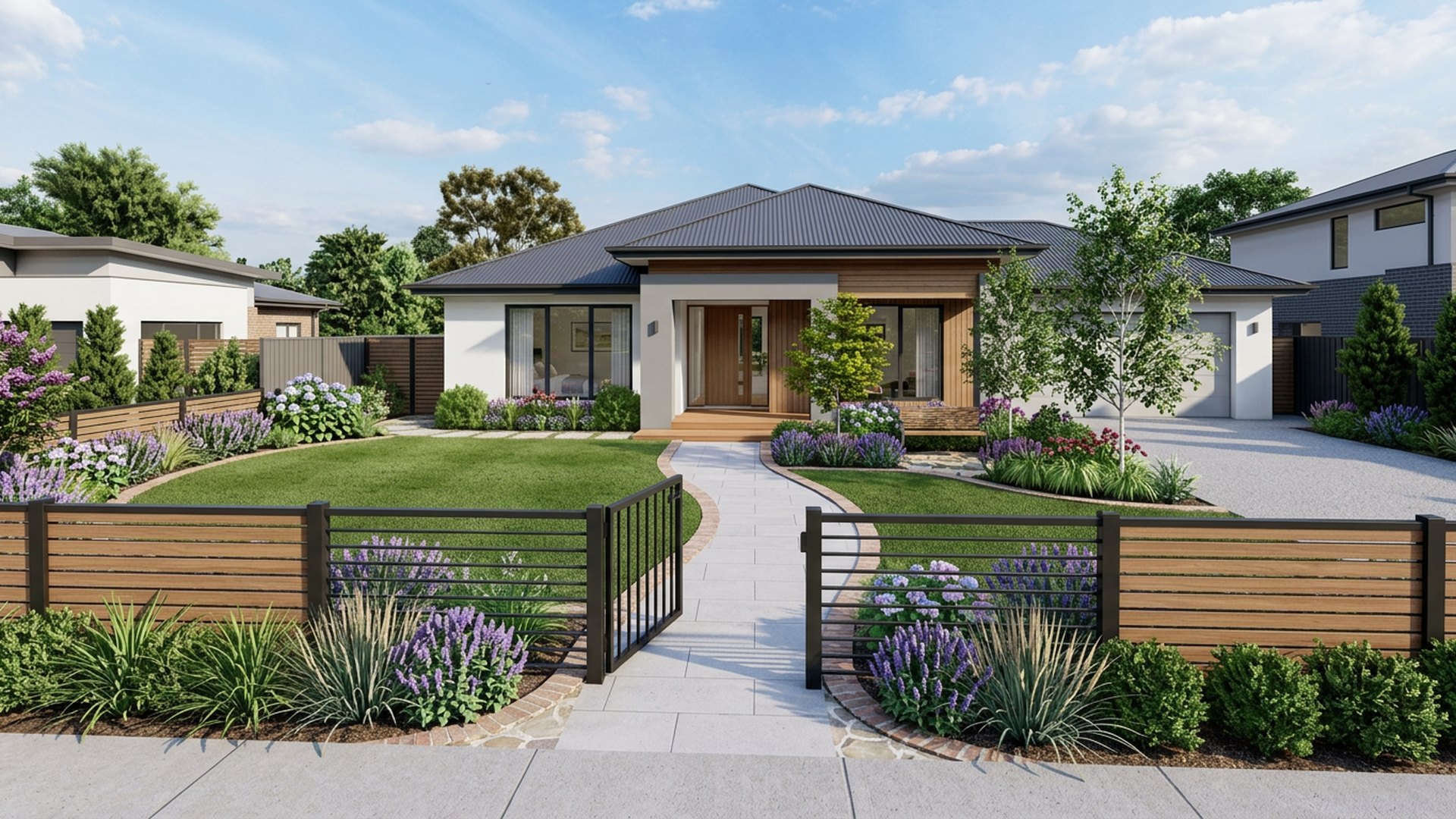 Family Safe Entry front yard landscaping concept Forward Looking Fenced front lawn with a gated path, soft edges and no. Images Created by www.TinyHome-Revolution.com