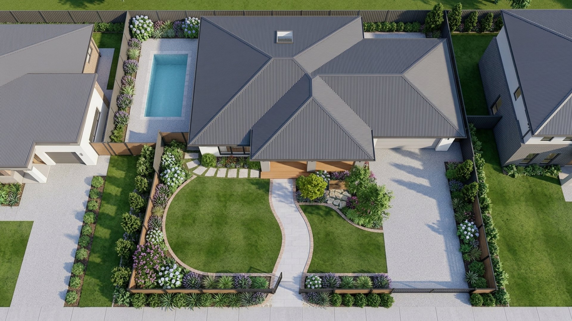 Family Home Designs design concept visualisation photo modern home and garden landscaping. Images Created by www.TinyHome-Revolution.com