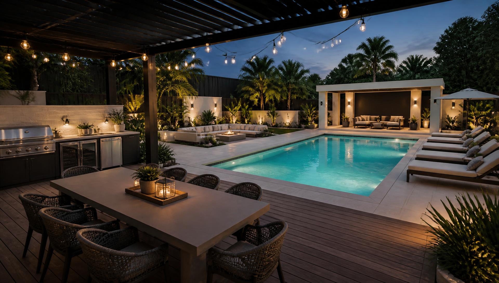 Completed 3D visual backyard with swimming pool decking dining sun lounges and pergola lighting. Images Created by www.TinyHome-Revolution.com
