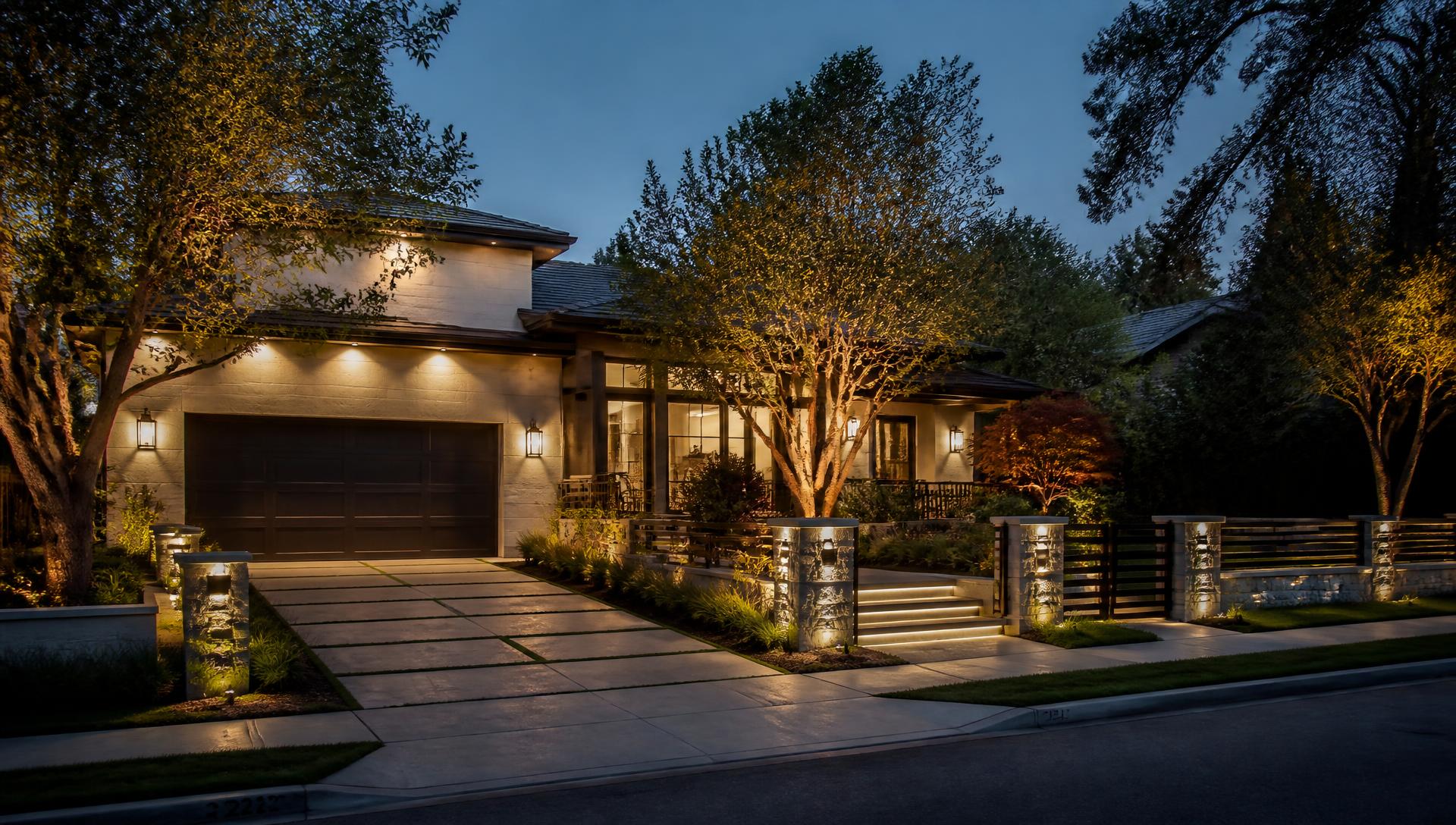 Completed luxury front yard at dusk with illuminated driveway and manicured planting beds. Images Created by www.TinyHome-Revolution.com