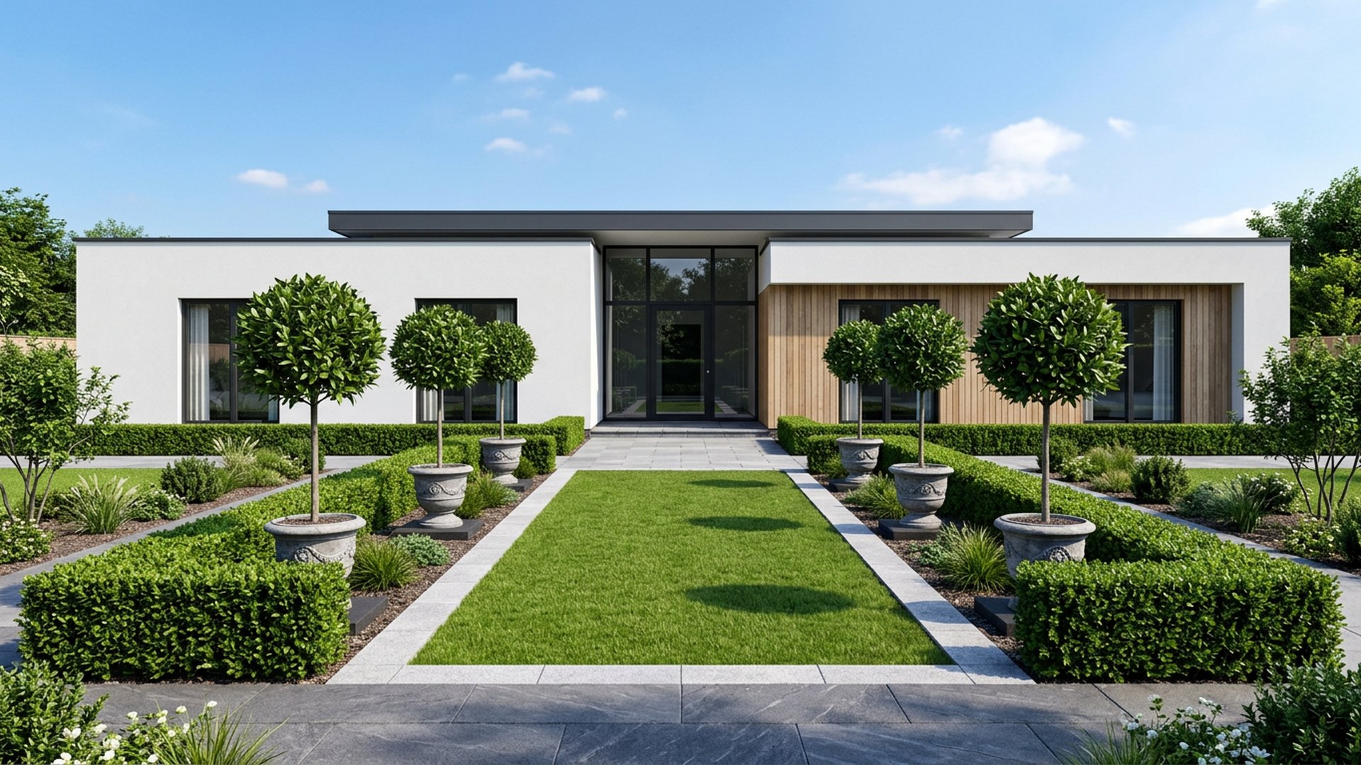 Formal Symmetry Clean and Precise Garden front yard landscaping concept Forward Looking Mirrored Hedges, Standard Bay Trees in pots and. Images Created by www.TinyHome-Revolution.com