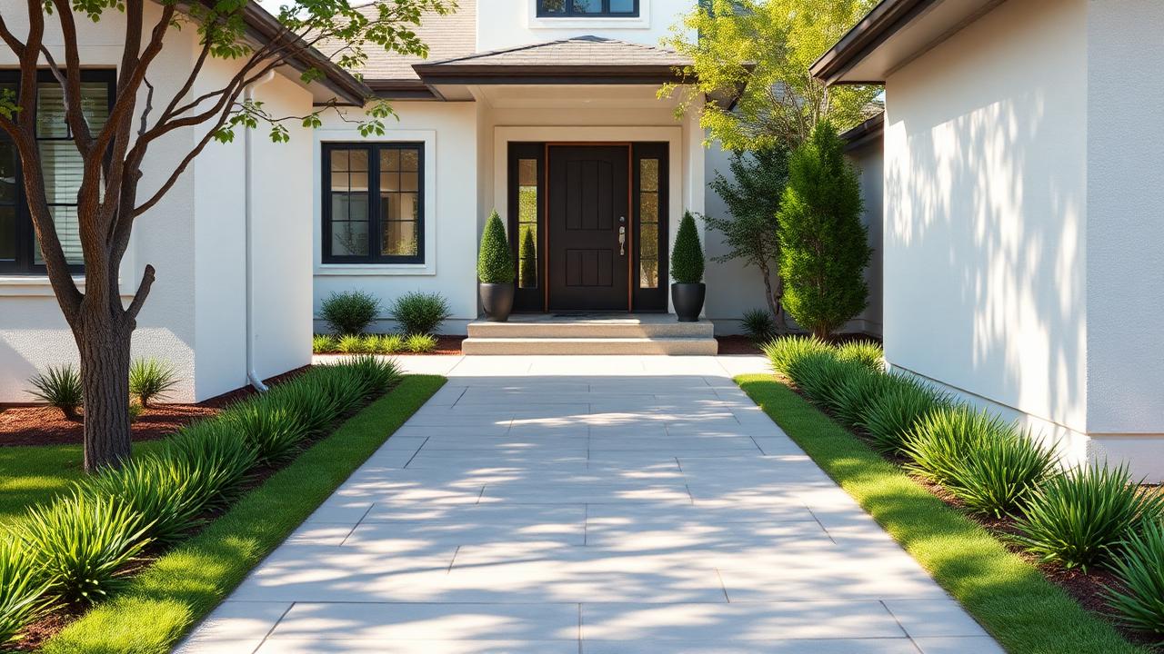 Wide paved front entry path leading to modern front door with planted borders. Images Created by www.TinyHome-Revolution.com