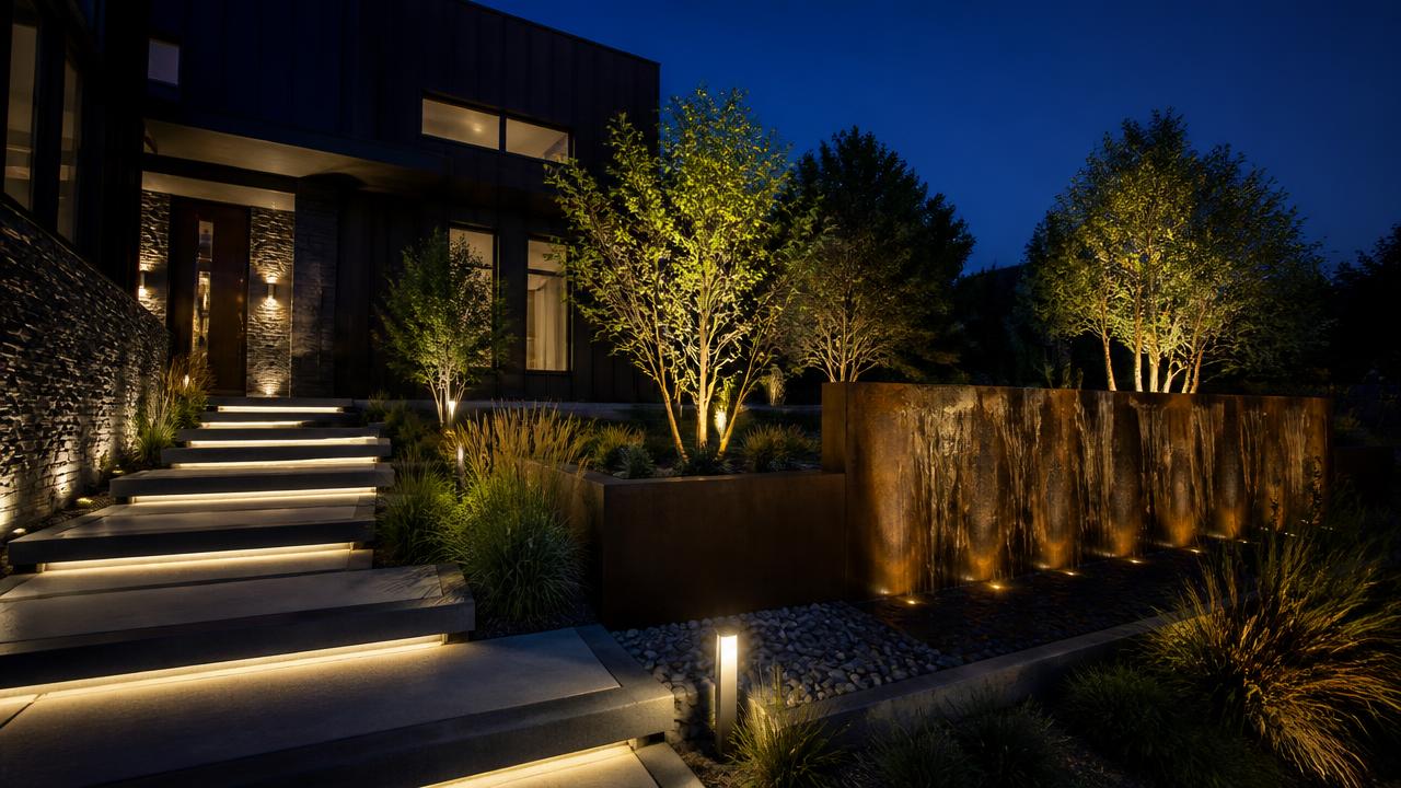 Modern front yard at night with illuminated steps, uplit trees, water wall. Images Created by www.TinyHome-Revolution.com