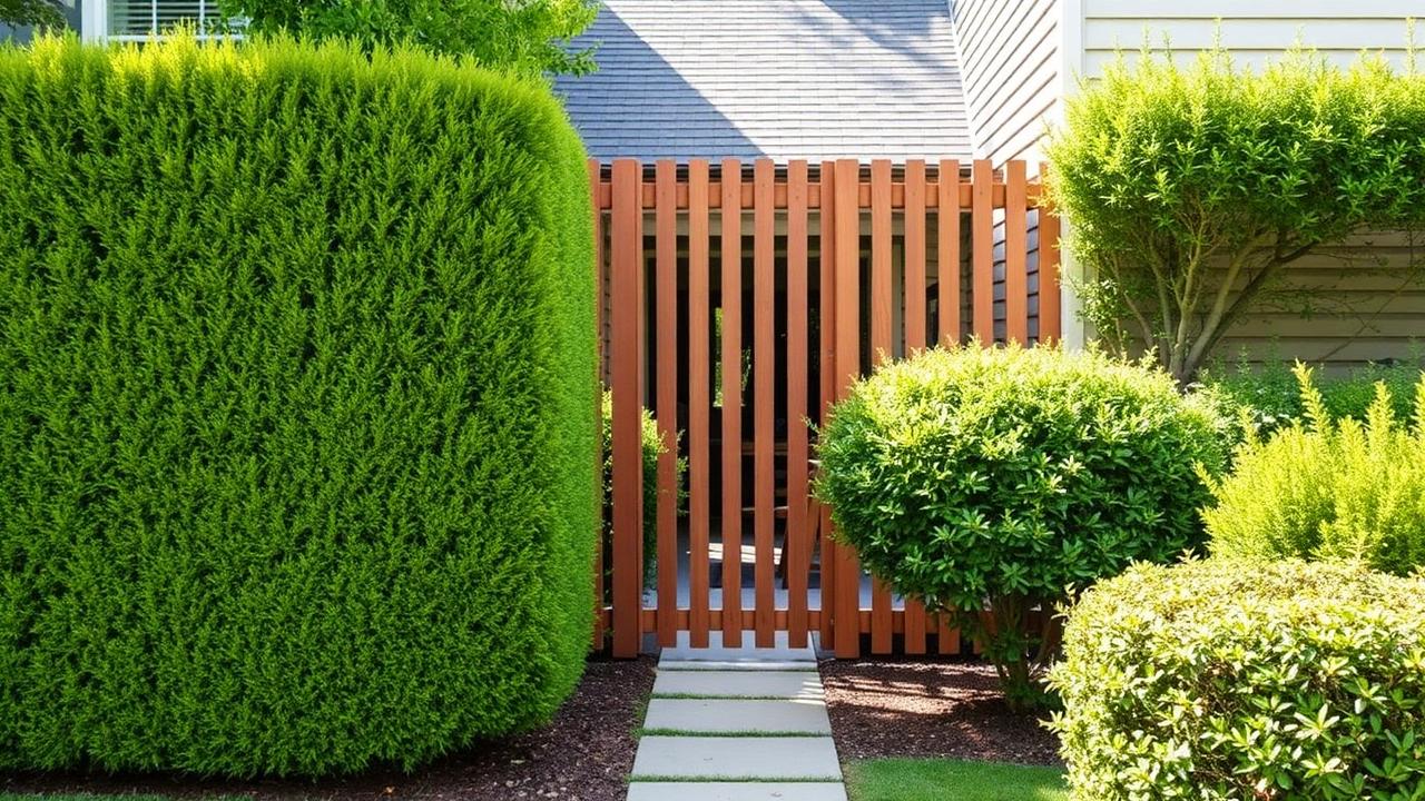 Clipped hedge and slatted timber screen giving front yard privacy from street. Images Created by www.TinyHome-Revolution.com