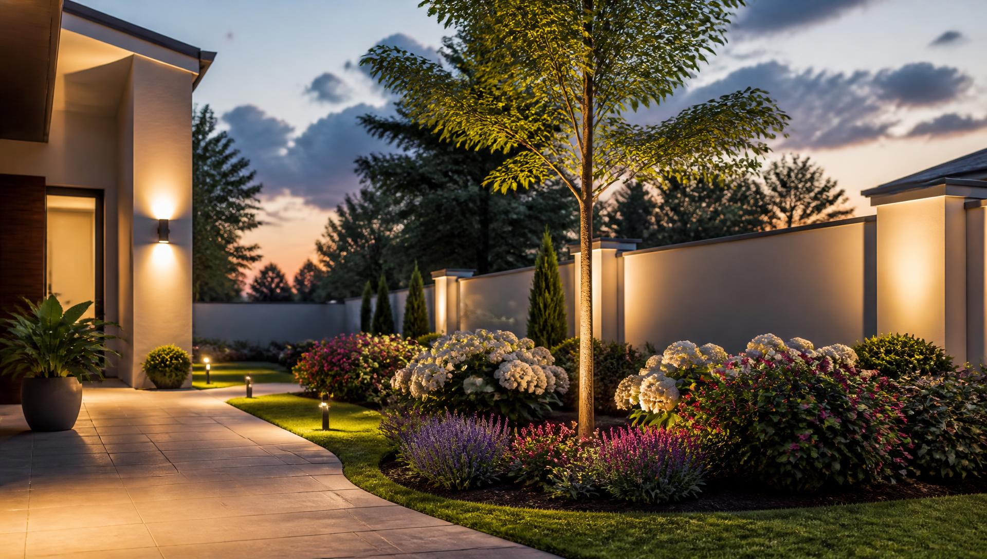 Modern Kerb Appeal with Structured Garden front yard landscaping concept Right Side Property View Clipped hedge bands, a single feature. Images Created by www.TinyHome-Revolution.com