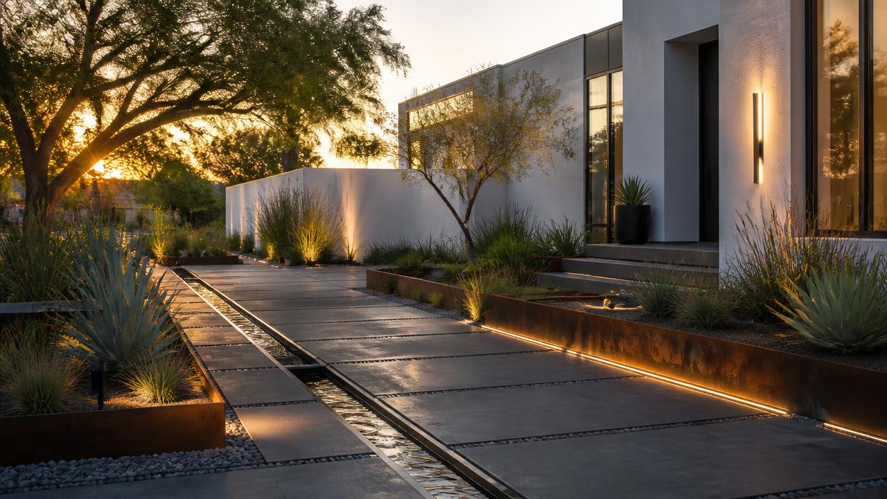 Modern front yard with geometric pavers, water rill, corten planters, LED lighting. Images Created by www.TinyHome-Revolution.com