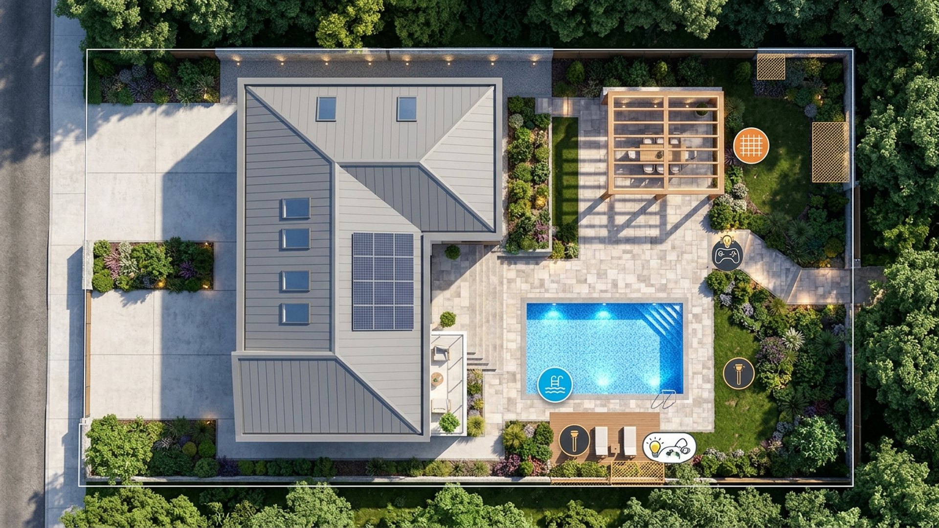 Full Future Home Lighting design concept visualisation photo modern home and garden. Images Created by www.TinyHome-Revolution.com