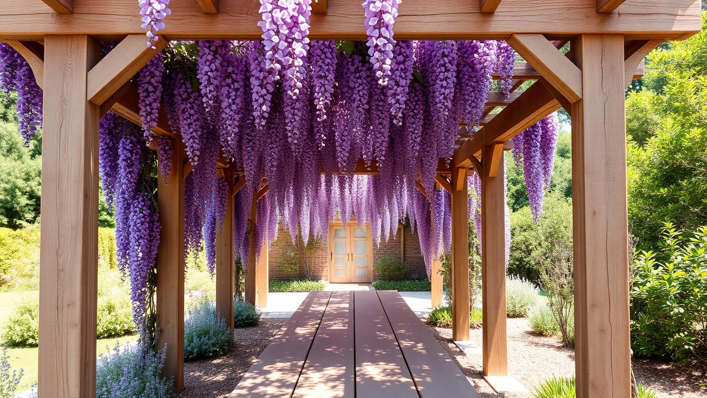 Rustic Timber Wisteria Pergola backyard design Forward Looking Chunky 200mm hardwood posts and open rafters carry a wisteria canopy that. Images Created by www.TinyHome-Revolution.com