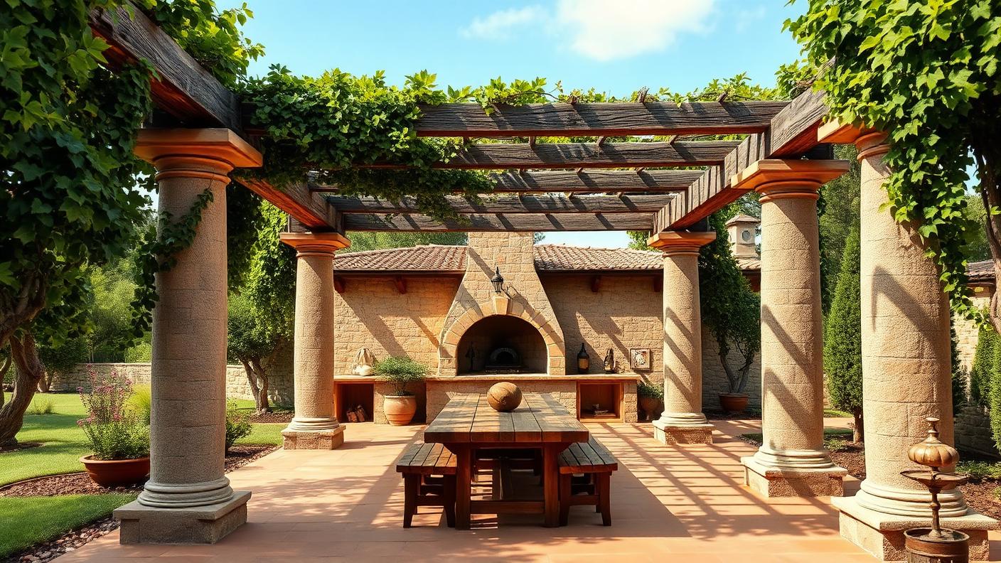 Mediterranean Stone Column Pergola backyard design Forward Looking Rendered stone columns and heavy stained beams frame a wood fired pizza. Images Created by www.TinyHome-Revolution.com