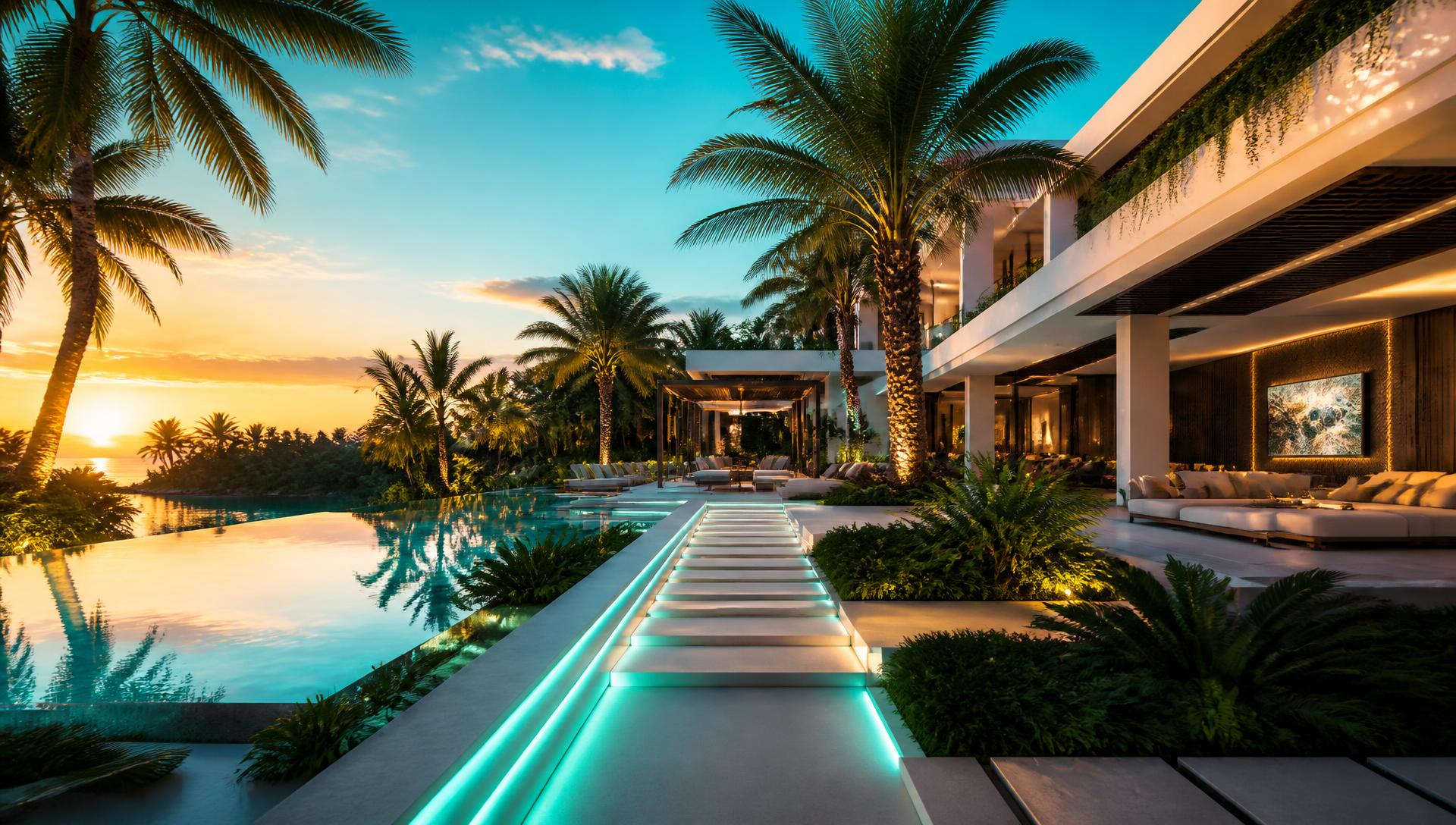 Future Gardens backyard landscaping concept Forward Looking A tropical backyard designed for tomorrow: clean architecture, LED-lit paths, an infinity pool. Images Created by www.TinyHome-Revolution.com