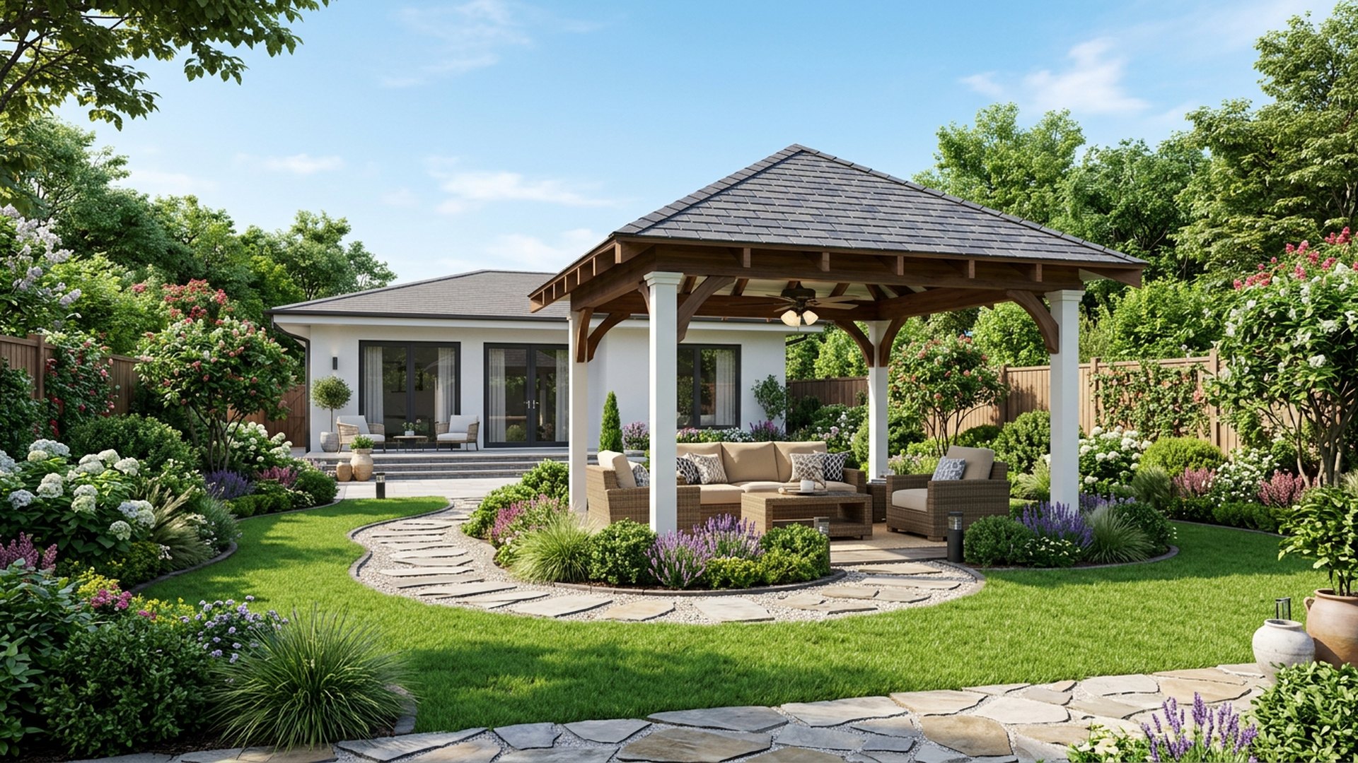 Gazebo Garden Feature the Essence backyard landscaping concept Forward Looking White Washed Classic Federation House with Featured Shingled Tile Gazebo. Images Created by www.TinyHome-Revolution.com