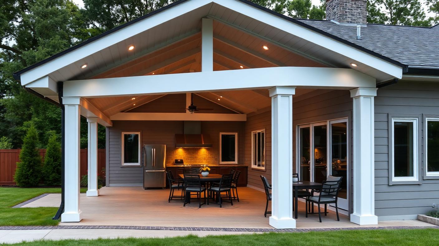 Attached Insulated Panel Patio pergola shade structure Roofed & all weather A solid insulated sandwich panel roof attached to the. Images Created by www.TinyHome-Revolution.com