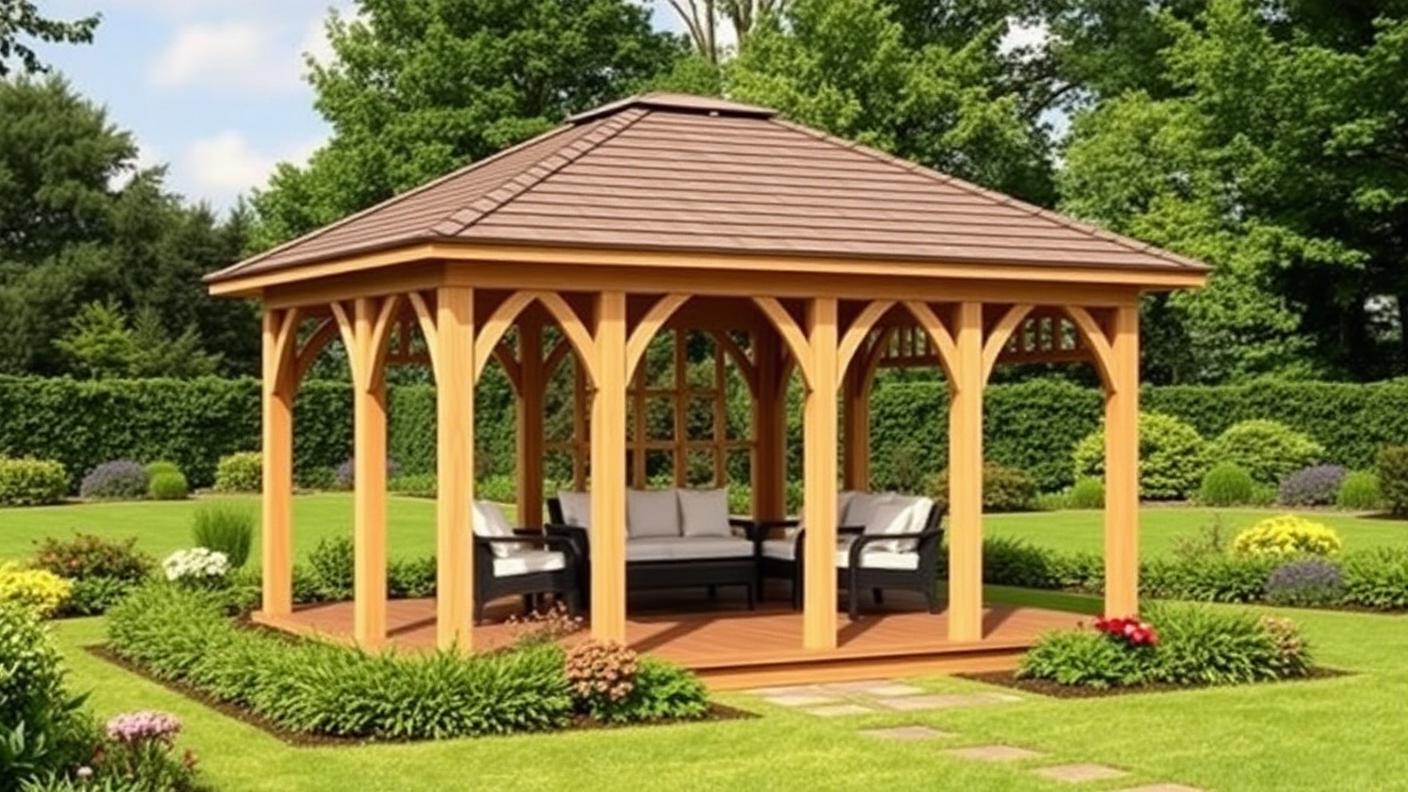 Freestanding Hip Roof Gazebo pergola shade structure Garden structures A roofed garden building set out in the lawn, away from. Images Created by www.TinyHome-Revolution.com