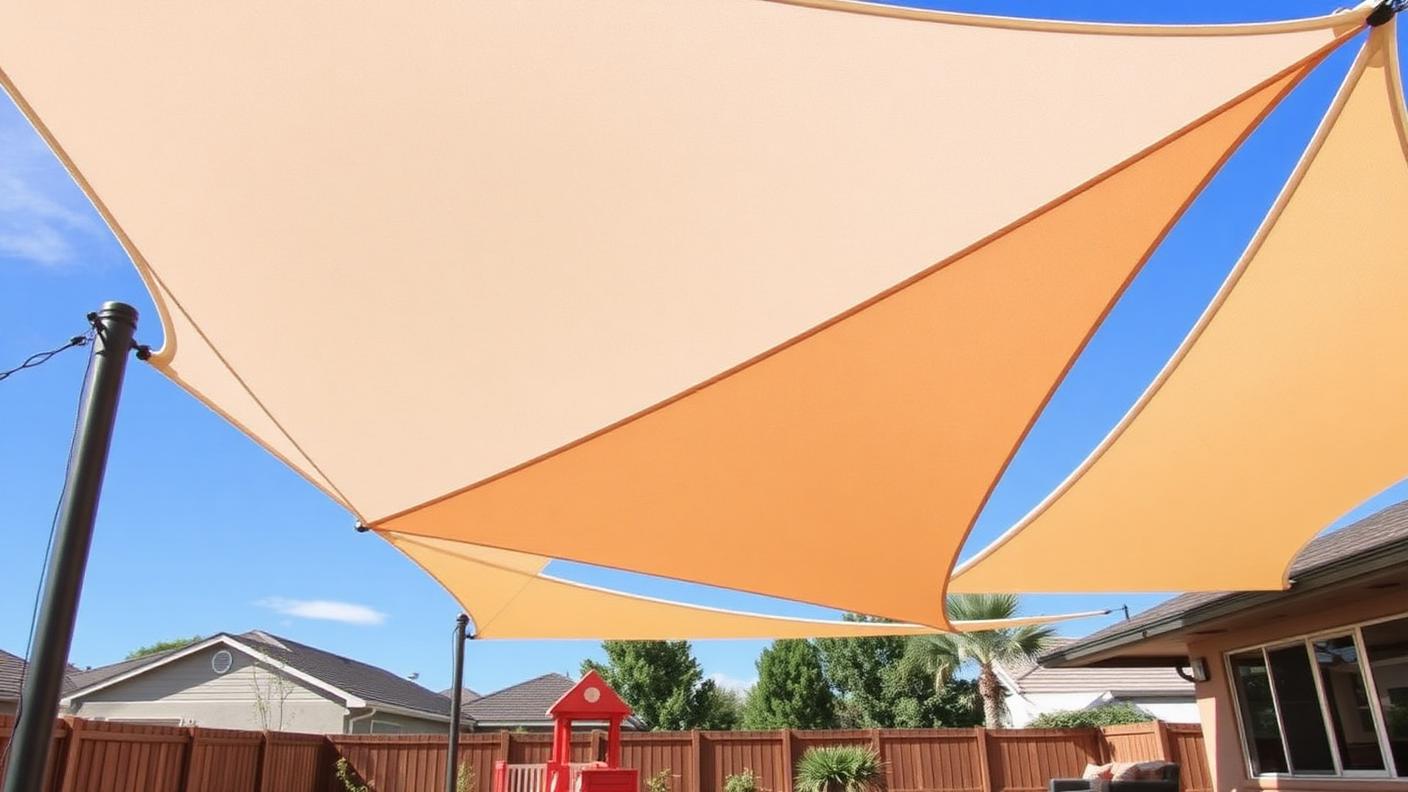 Tensioned Shade Sail Structure pergola shade structure Fabric & adjustable Overlapping triangular sails on steel posts cover large areas a. Images Created by www.TinyHome-Revolution.com