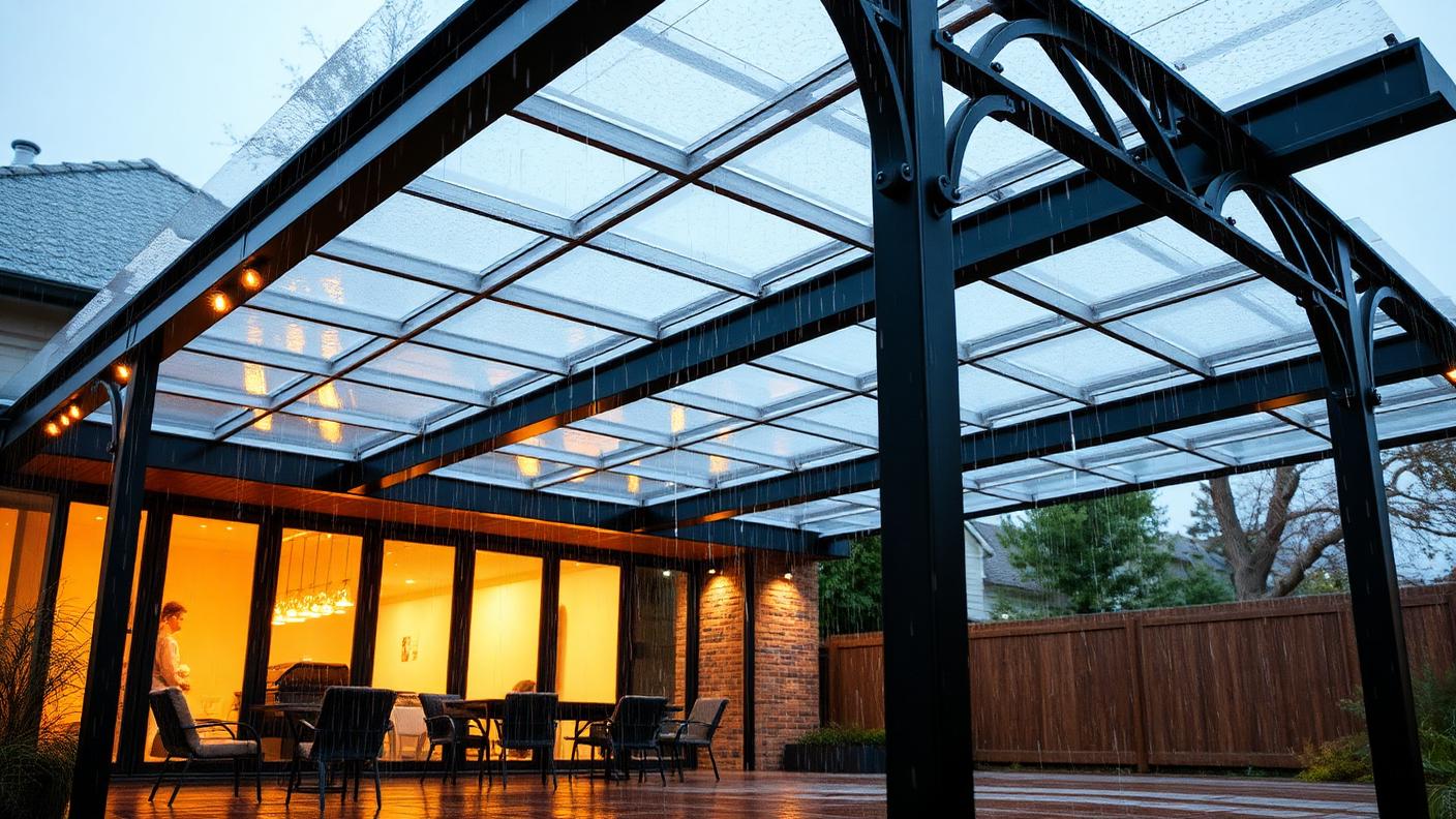 Steel Frame Polycarbonate Pergola pergola shade structure Roofed & all weather A steel frame with translucent polycarbonate sheeting keeps rain. Images Created by www.TinyHome-Revolution.com
