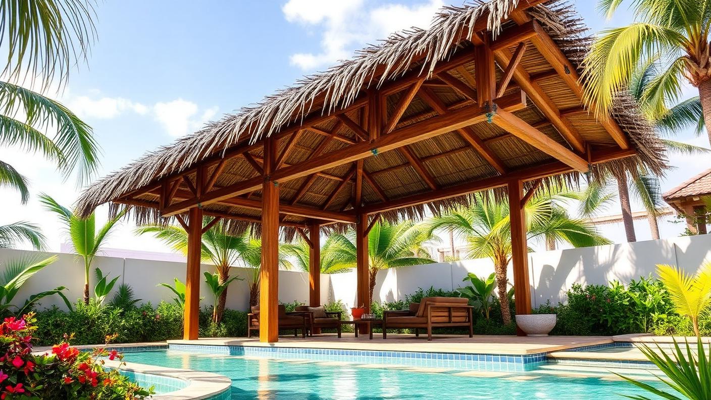 Balinese Thatch Tiki Pergola pergola shade structure Garden structures Heavy timber posts under an alang alang thatch or synthetic thatch. Images Created by www.TinyHome-Revolution.com