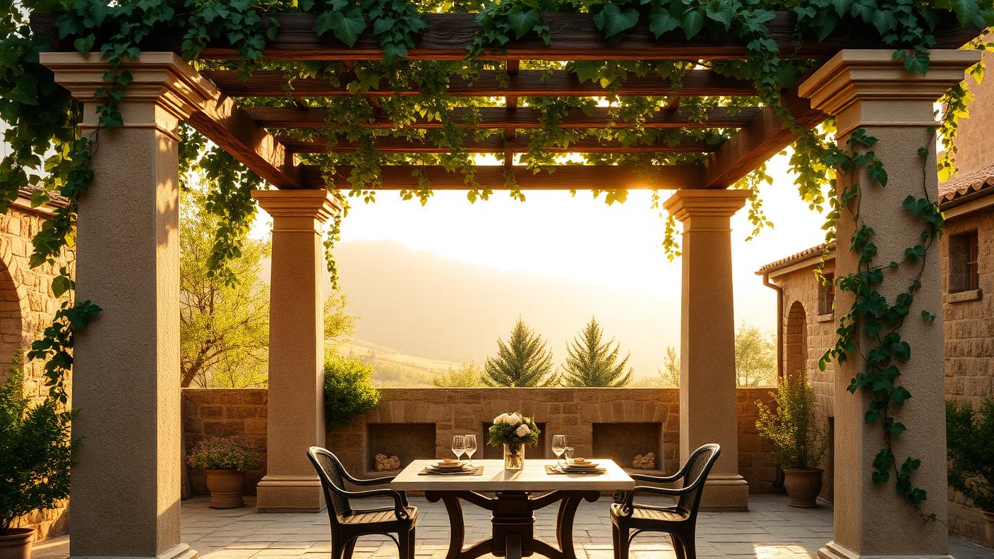 Mediterranean Stone Column Pergola pergola shade structure Open rafter & vine Rendered or stone clad columns carrying heavy stained beams. Images Created by www.TinyHome-Revolution.com
