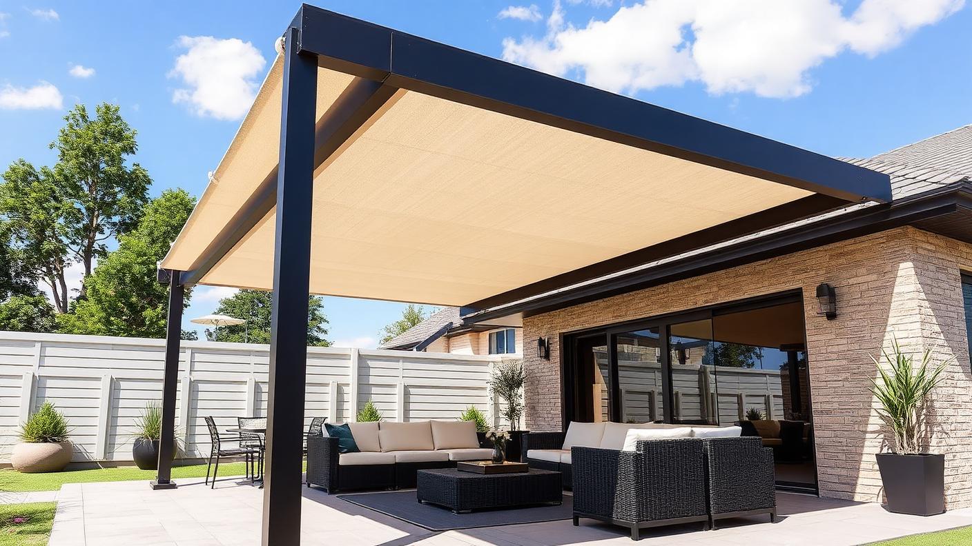 Retractable Canopy Pergola pergola shade structure Fabric & adjustable A motorised fabric canopy that slides along tracks between beams, so. Images Created by www.TinyHome-Revolution.com