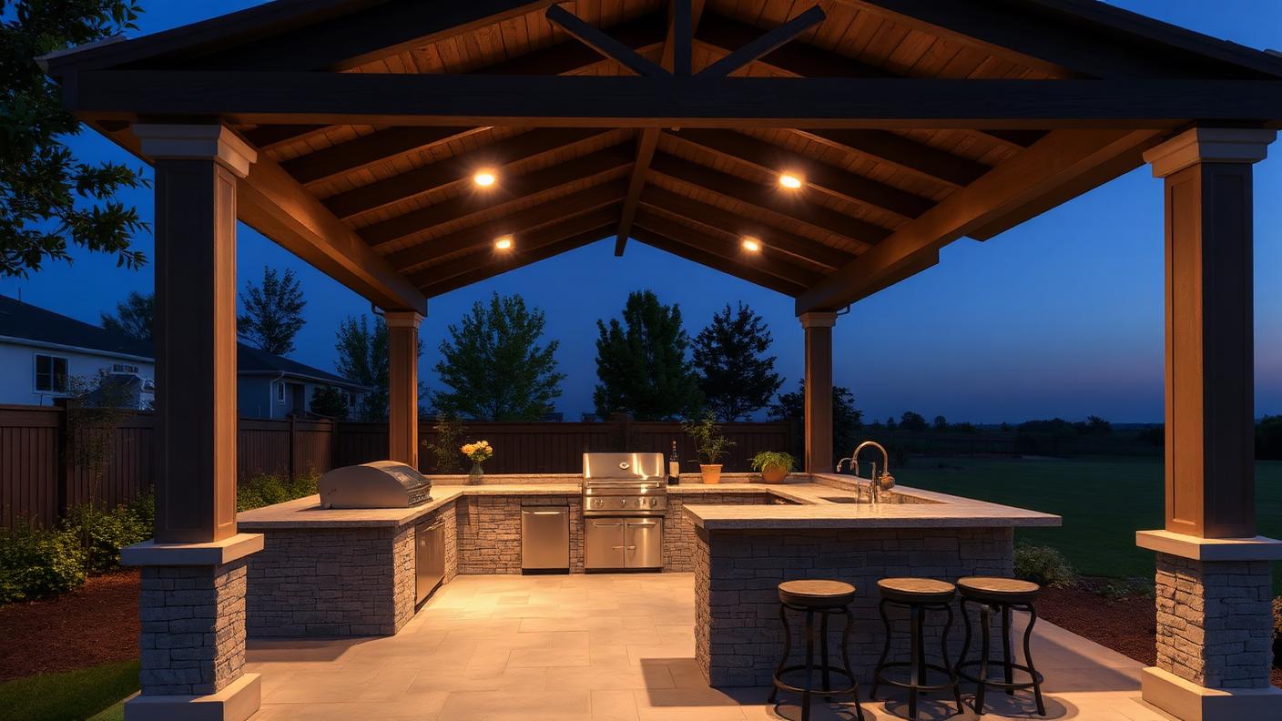 Pergola Over an Outdoor Kitchen pergola shade structure Outdoor rooms A structure built specifically to shelter a BBQ, benchtop, sink. Images Created by www.TinyHome-Revolution.com