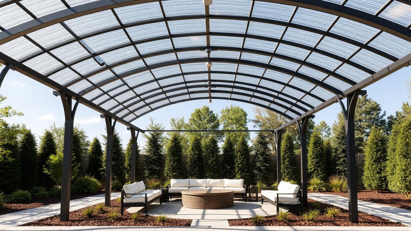 Curved Arch Pergola pergola shade structure Roofed & all weather Curved rafters forming a barrel vault over a seating circle. Images Created by www.TinyHome-Revolution.com