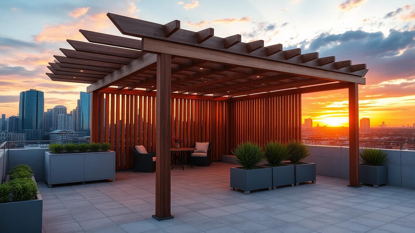 Rooftop Screened Pergola pergola shade structure Outdoor rooms A rooftop or podium deck pergola with vertical batten screens and planters. Images Created by www.TinyHome-Revolution.com