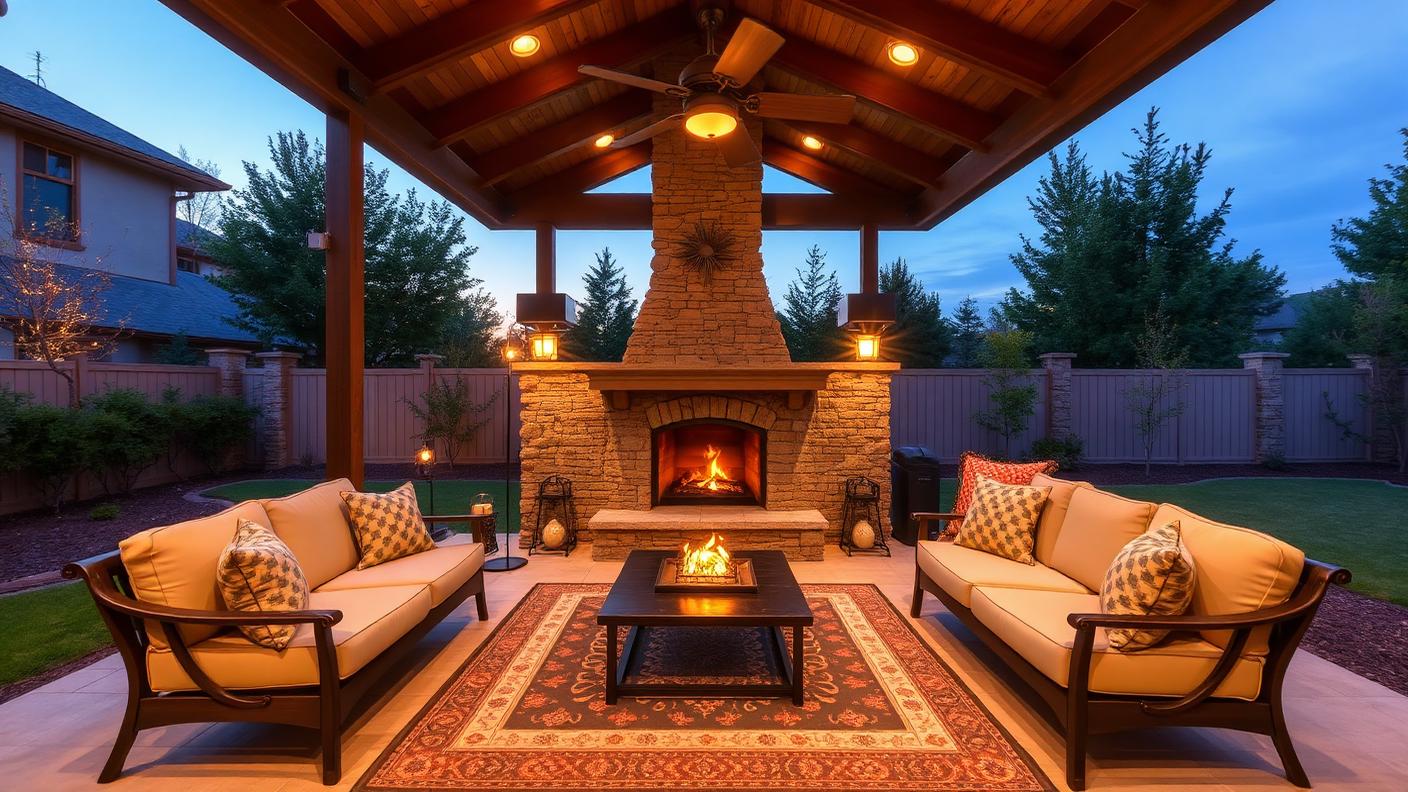 Pergola Outdoor Room with Fireplace pergola shade structure Outdoor rooms A fully roofed structure with a masonry fireplace, sofas, a. Images Created by www.TinyHome-Revolution.com