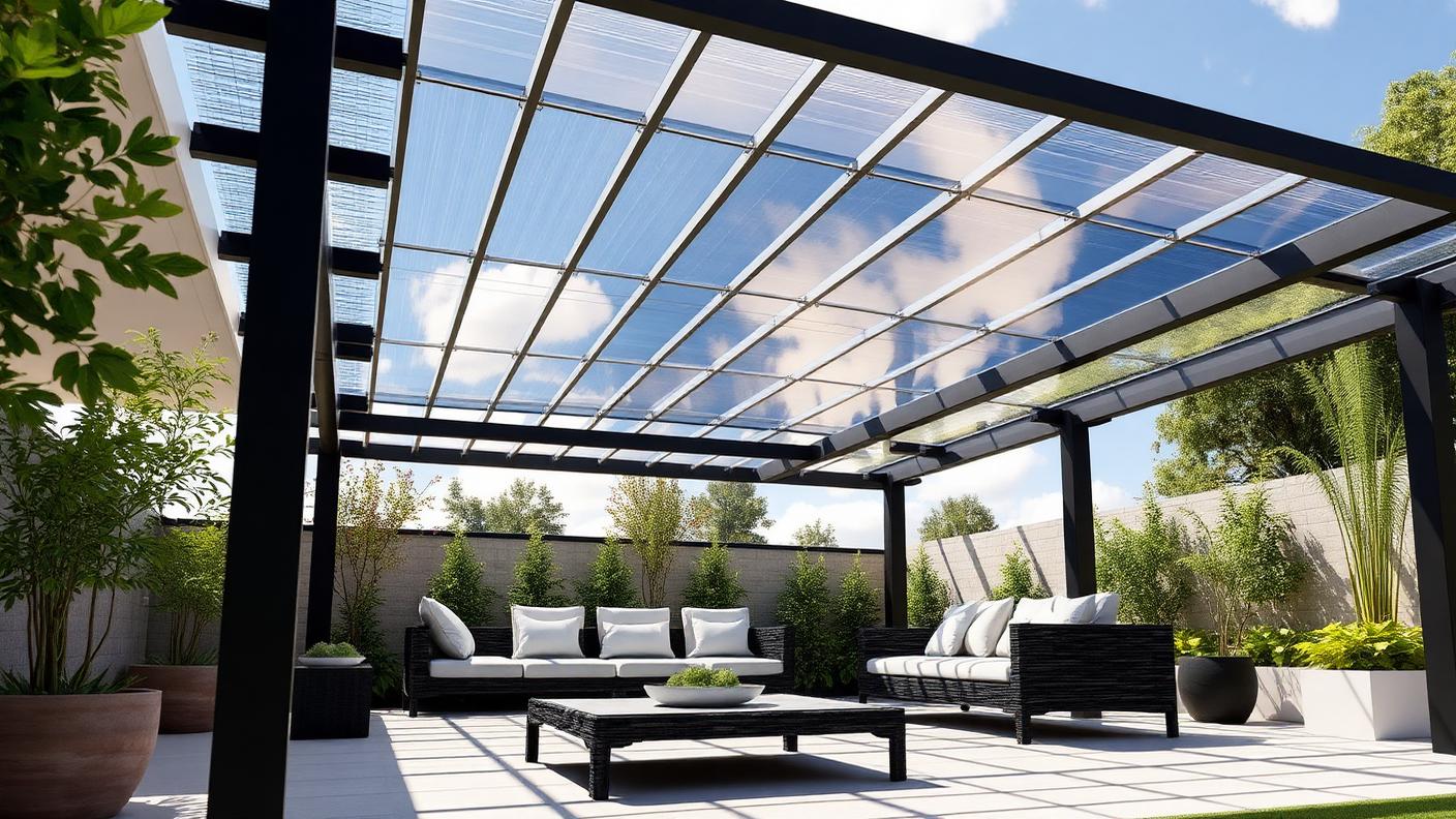 Solar Panel Eco Pergola pergola shade structure Roofed & all weather A pergola roofed in solar panels or bifacial solar. Images Created by www.TinyHome-Revolution.com