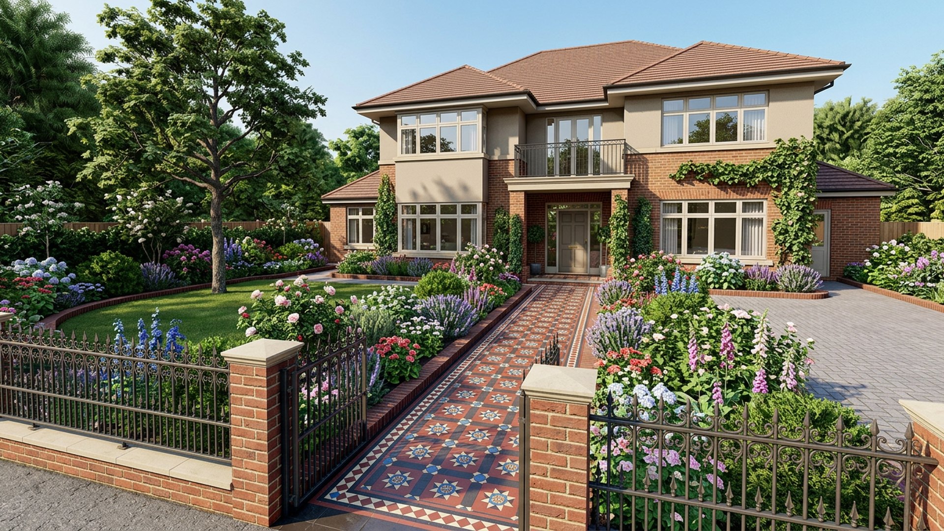 Heritage Restoration front yard landscaping concept Forward Looking Period tessellated tiles, iron fencing and traditional cottage borders. Images Created by www.TinyHome-Revolution.com