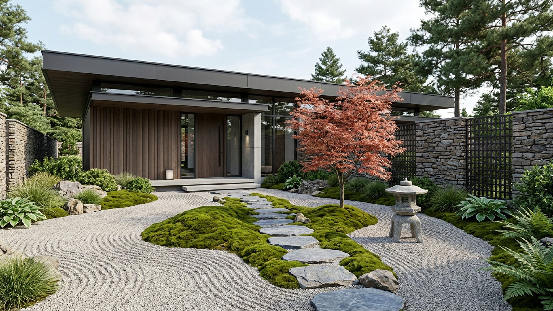 Japanese Entry Garden front yard landscaping concept Forward Looking Raked gravel, a maple, moss mounds and a stepping stone approach. Images Created by www.TinyHome-Revolution.com