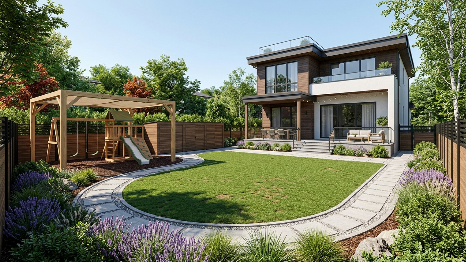 Home Designed for Growing Family & Kids backyard landscaping concept Forward Looking The Complete Family Home Design with Shaded Play-Zone. Images Created by www.TinyHome-Revolution.com