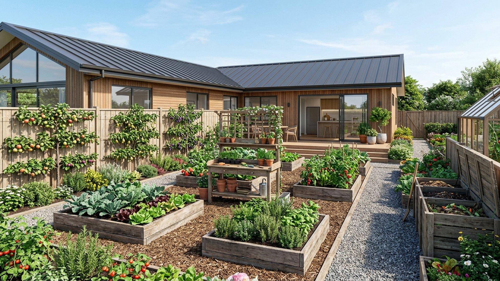 Kitchen Garden Backyard backyard landscaping concept Forward Looking Raised vegetable beds, espaliered fruit, a compost bay and a potting bench. Images Created by www.TinyHome-Revolution.com
