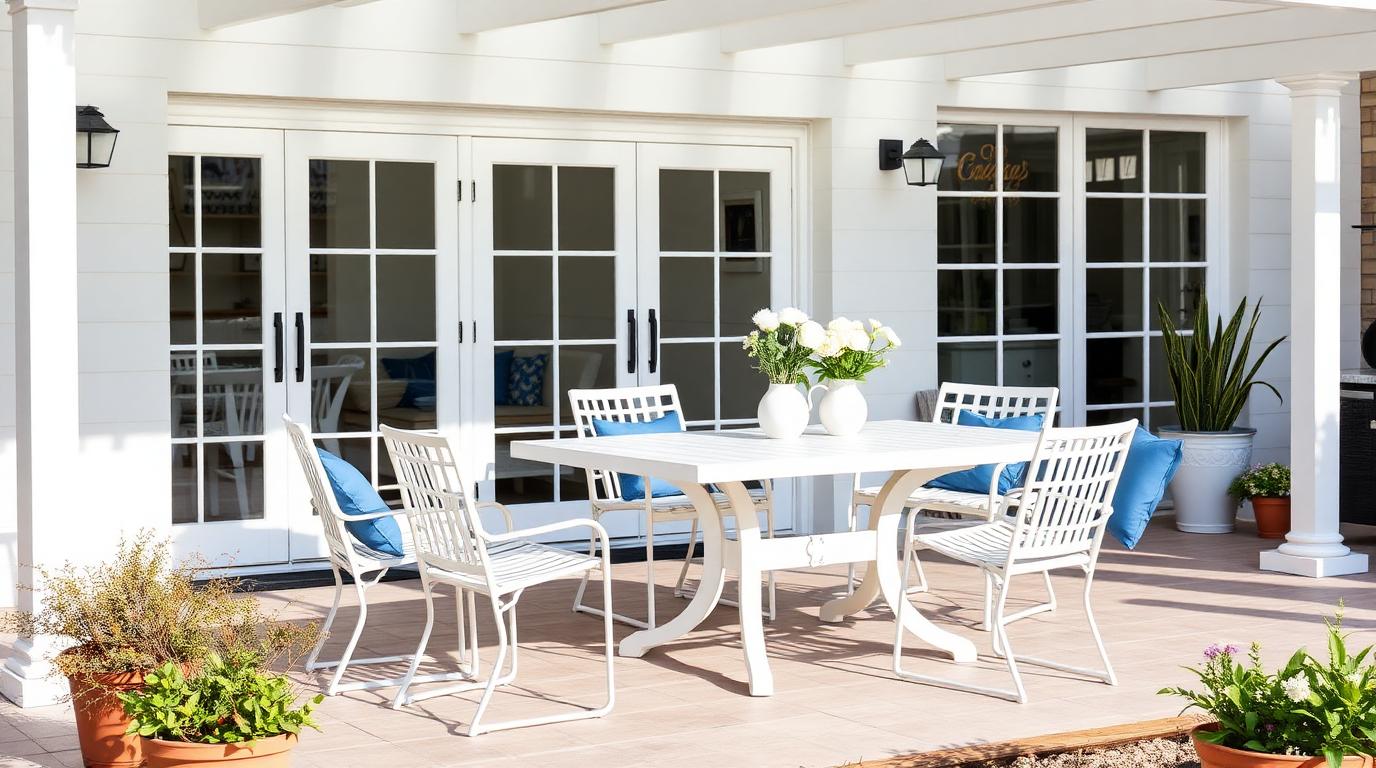 Material Outdoor Furniture design concept visualisation photo modern home and garden landscaping. Images Created by www.TinyHome-Revolution.com
