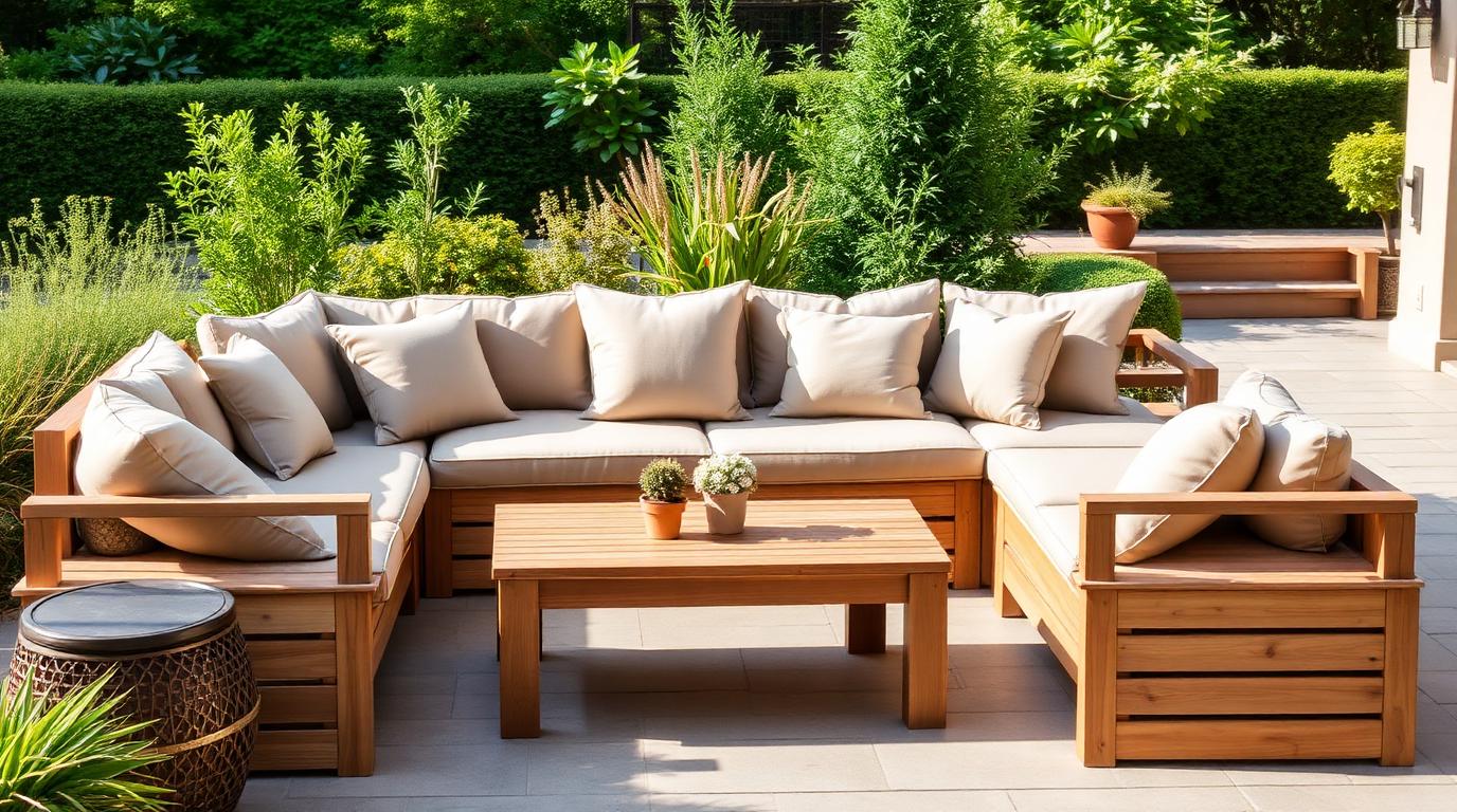 Material Outdoor Furniture design concept visualisation photo modern home and garden landscaping. Images Created by www.TinyHome-Revolution.com