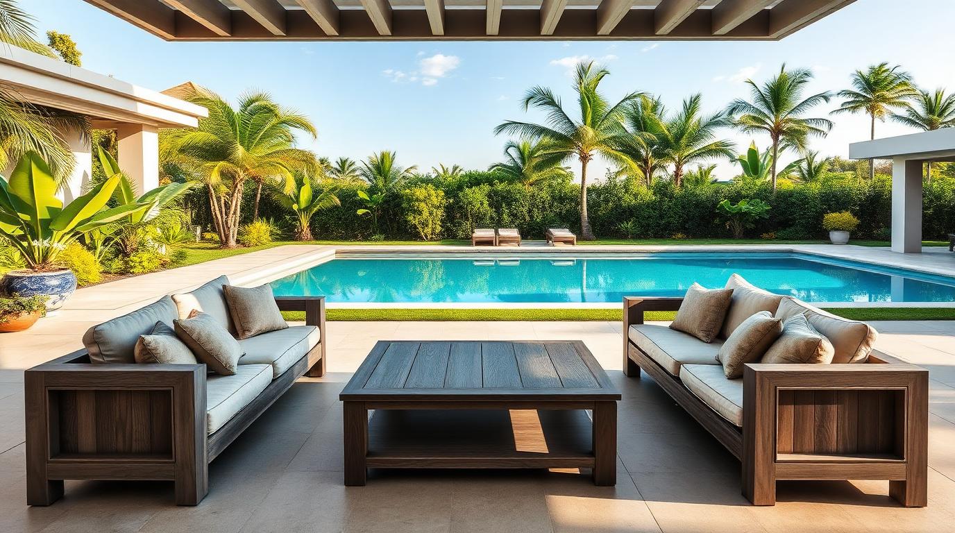 Material Teak Outdoor Furniture design concept visualisation photo modern home and garden. Images Created by www.TinyHome-Revolution.com