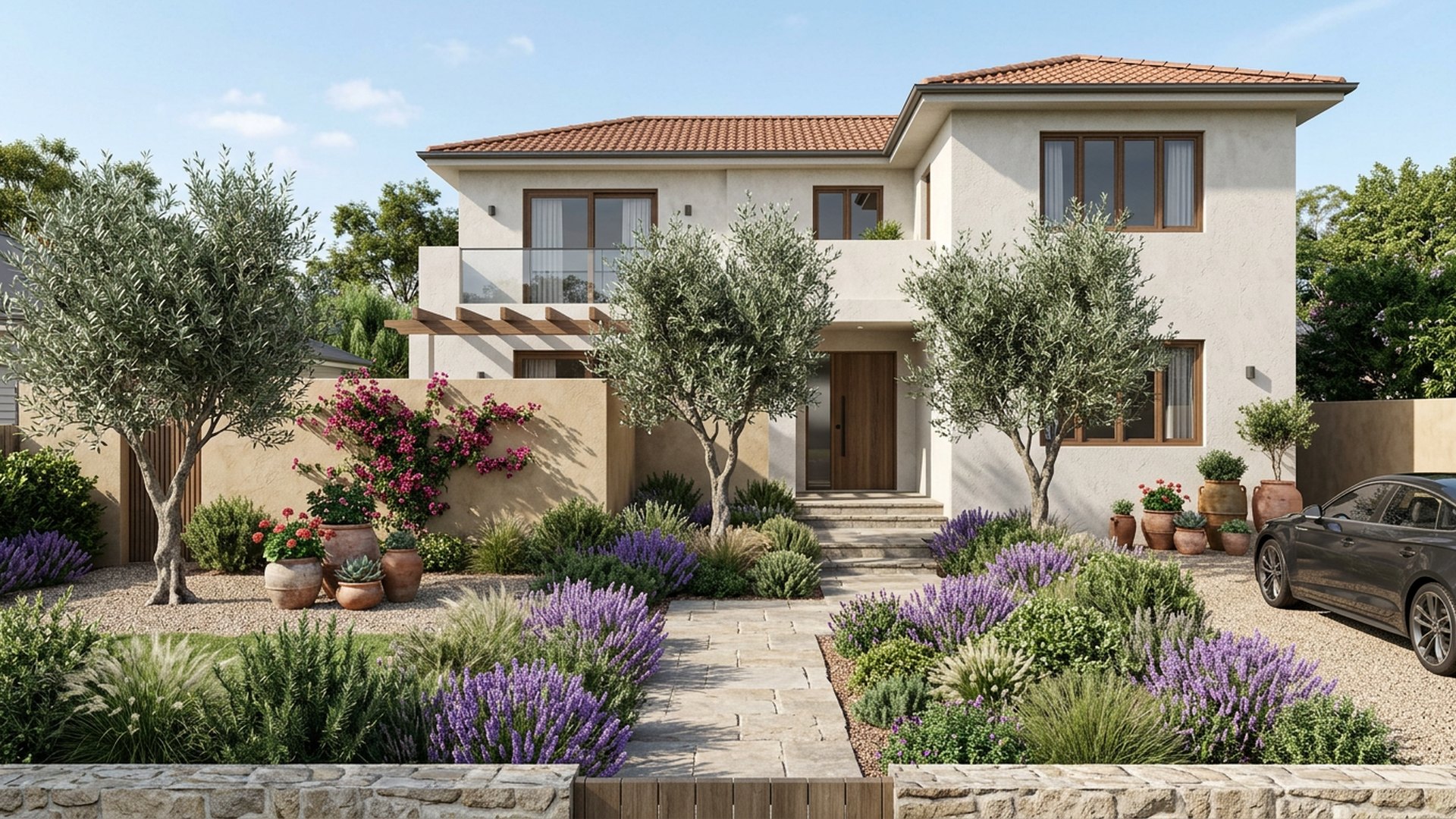 Mediterranean Frontage front yard landscaping concept Forward Looking Olive trees, lavender drifts and terracotta pots against a rendered wall. Images Created by www.TinyHome-Revolution.com