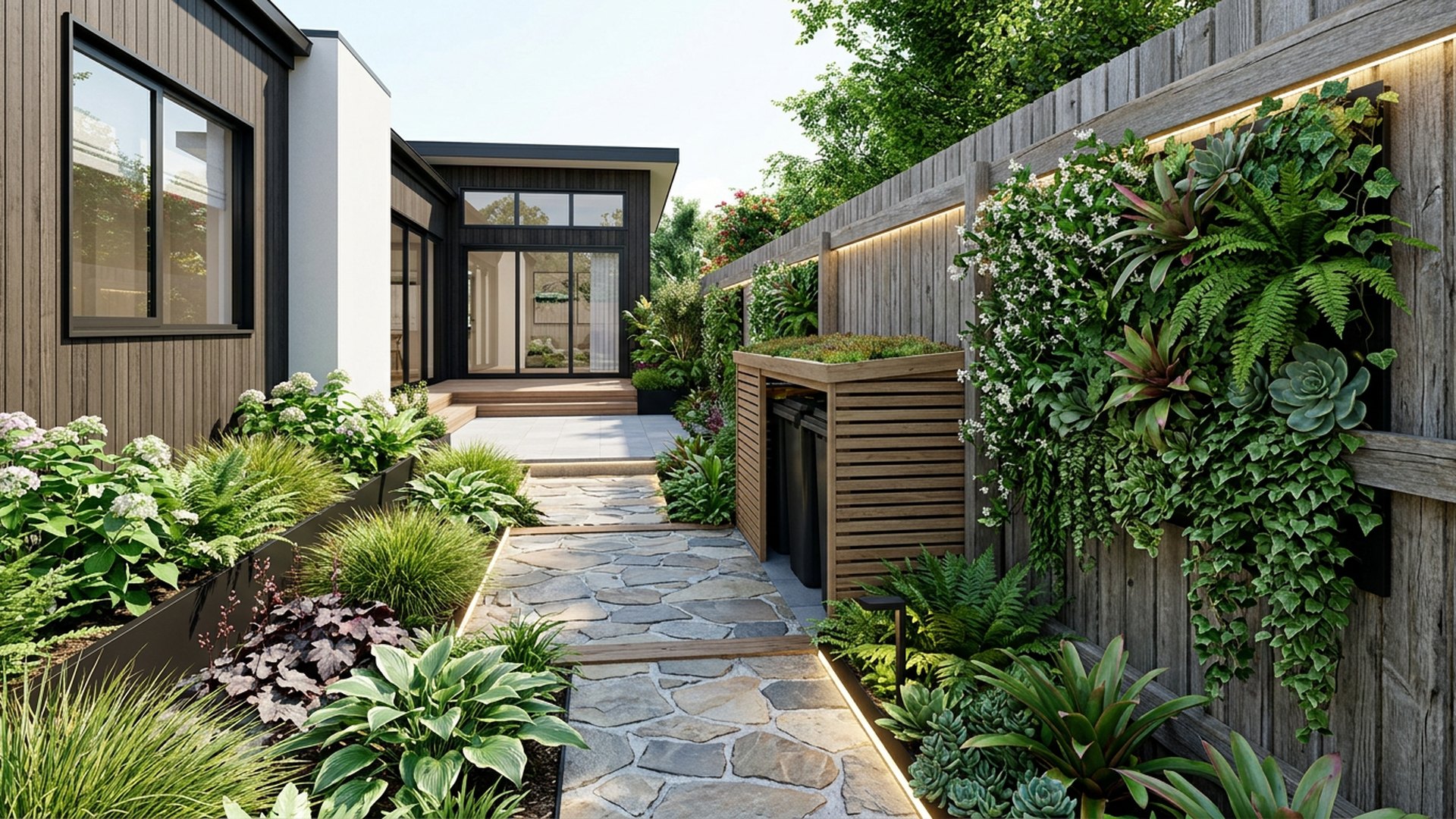 Narrow Side Yard Rescue backyard landscaping concept Forward Looking A forgotten 3 metre strip turned into a lit garden walk. Images Created by www.TinyHome-Revolution.com