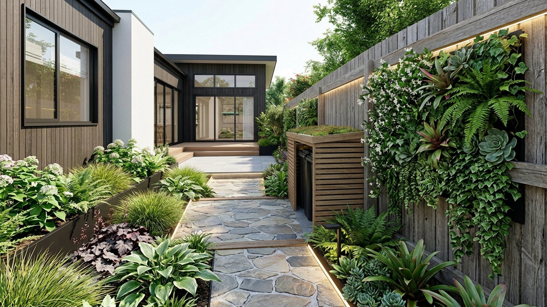 Narrow Home Designs design concept visualisation photo modern home and garden landscaping. Images Created by www.TinyHome-Revolution.com