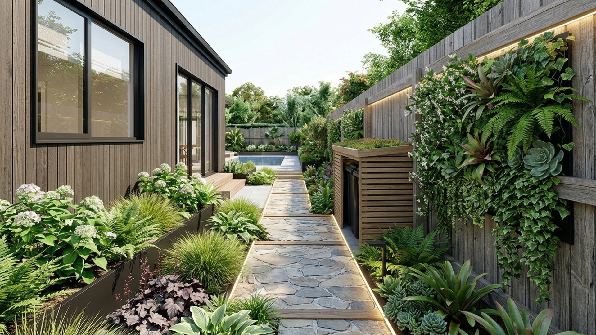 Narrow Home Designs design concept visualisation photo modern home and garden landscaping. Images Created by www.TinyHome-Revolution.com