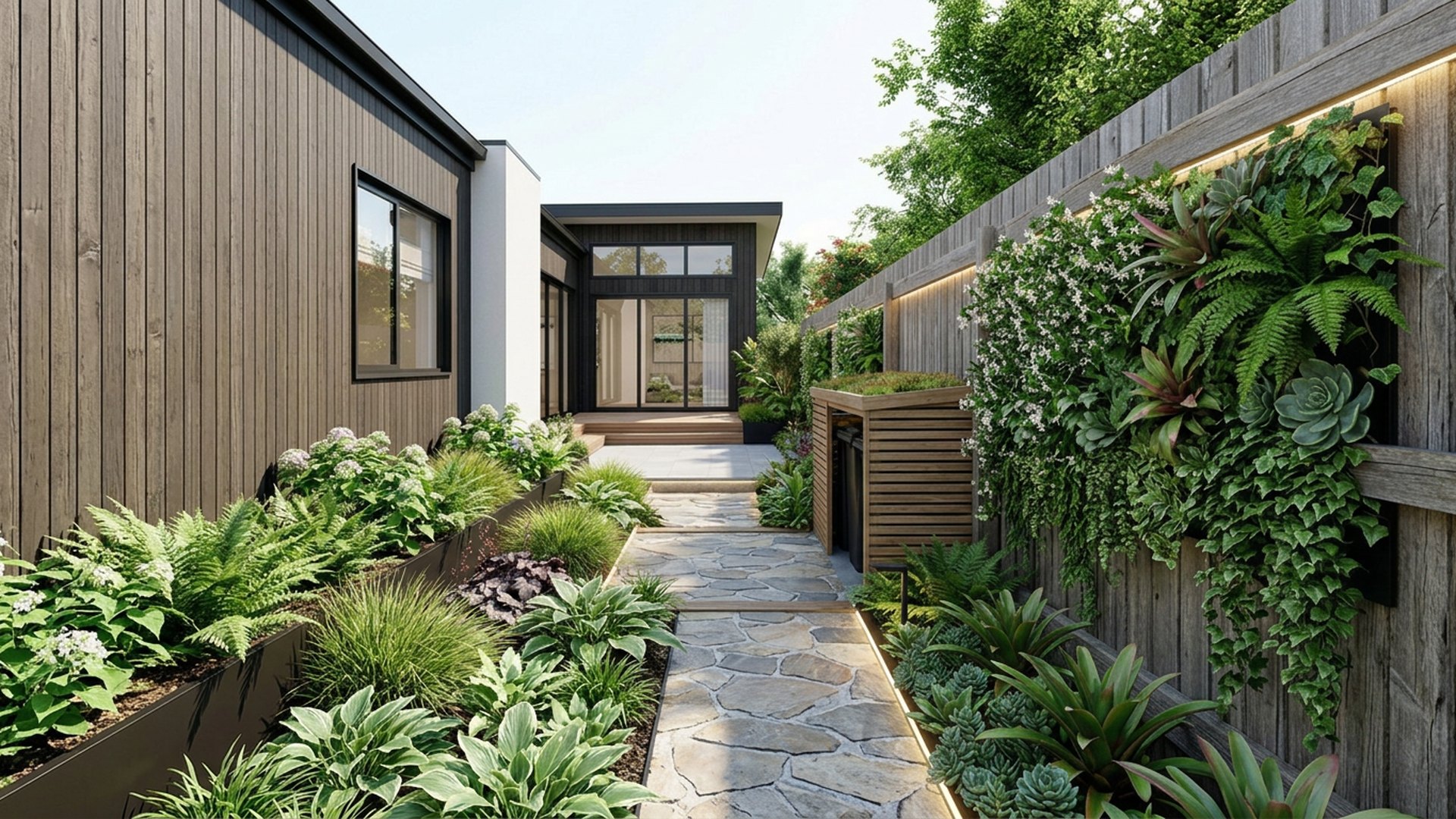 Narrow Home Designs design concept visualisation photo modern home and garden landscaping. Images Created by www.TinyHome-Revolution.com