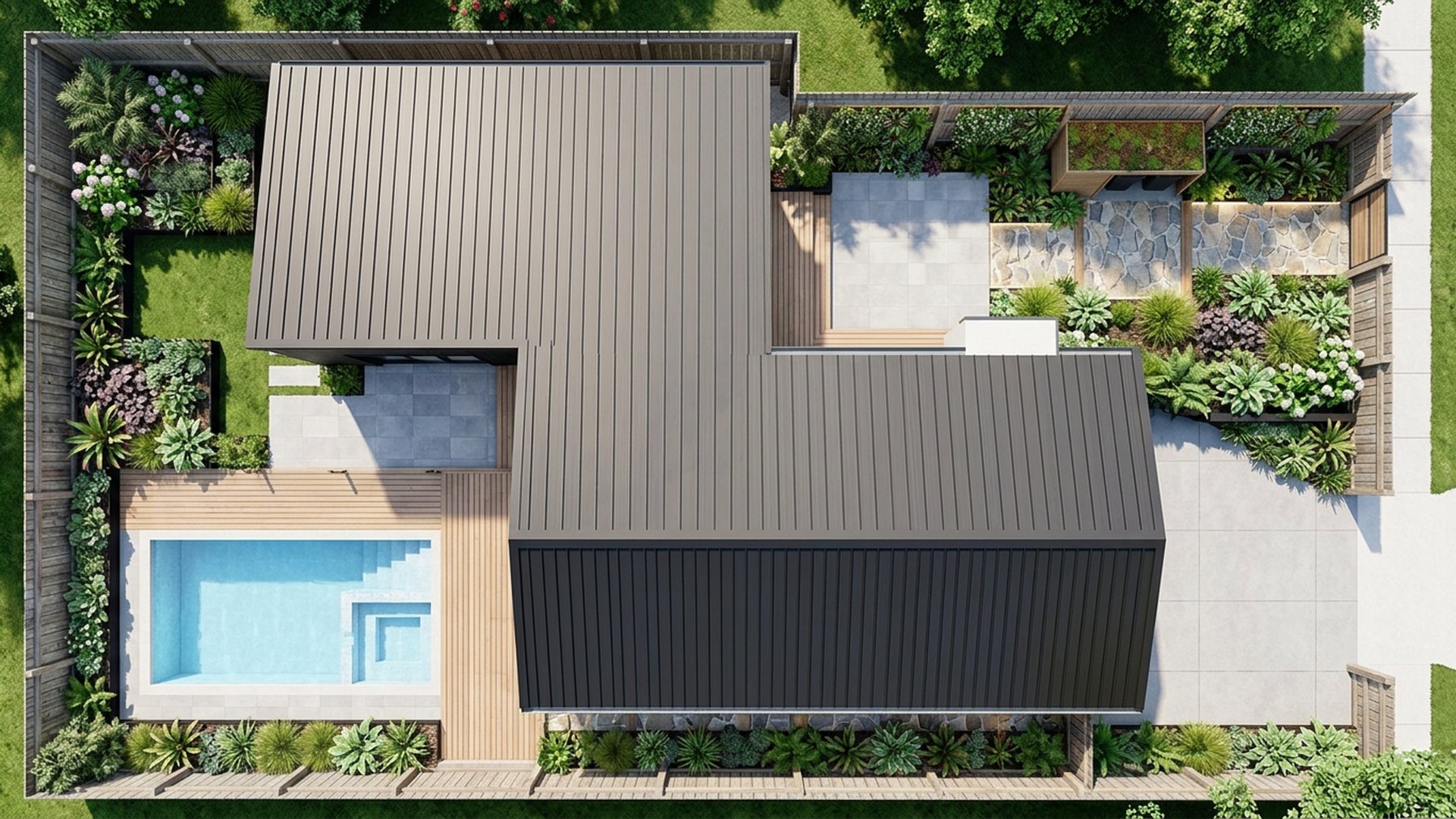 Narrow Home Designs design concept visualisation photo modern home and garden landscaping. Images Created by www.TinyHome-Revolution.com